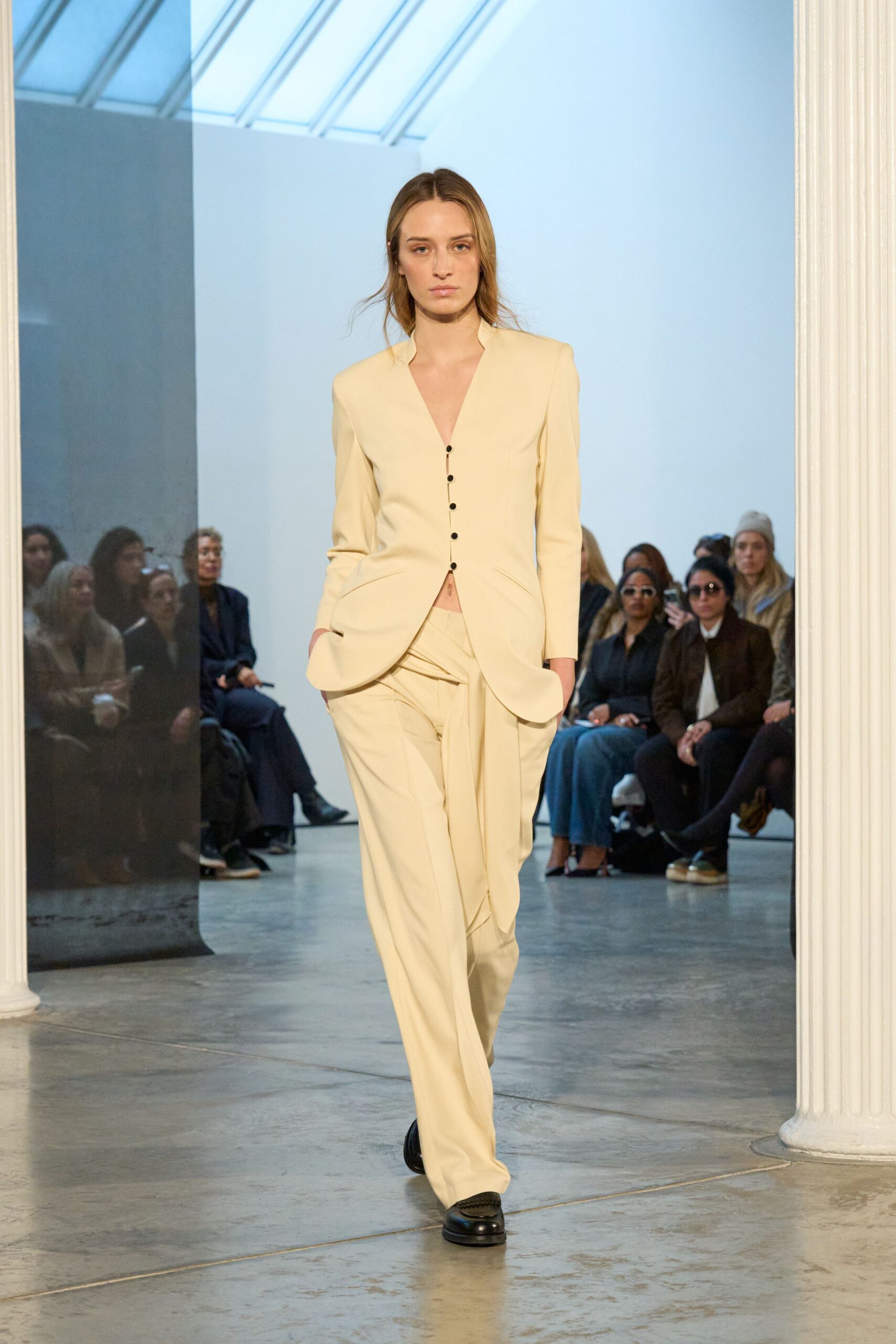 beige long-sleeve v-neck tailored buttoned suit