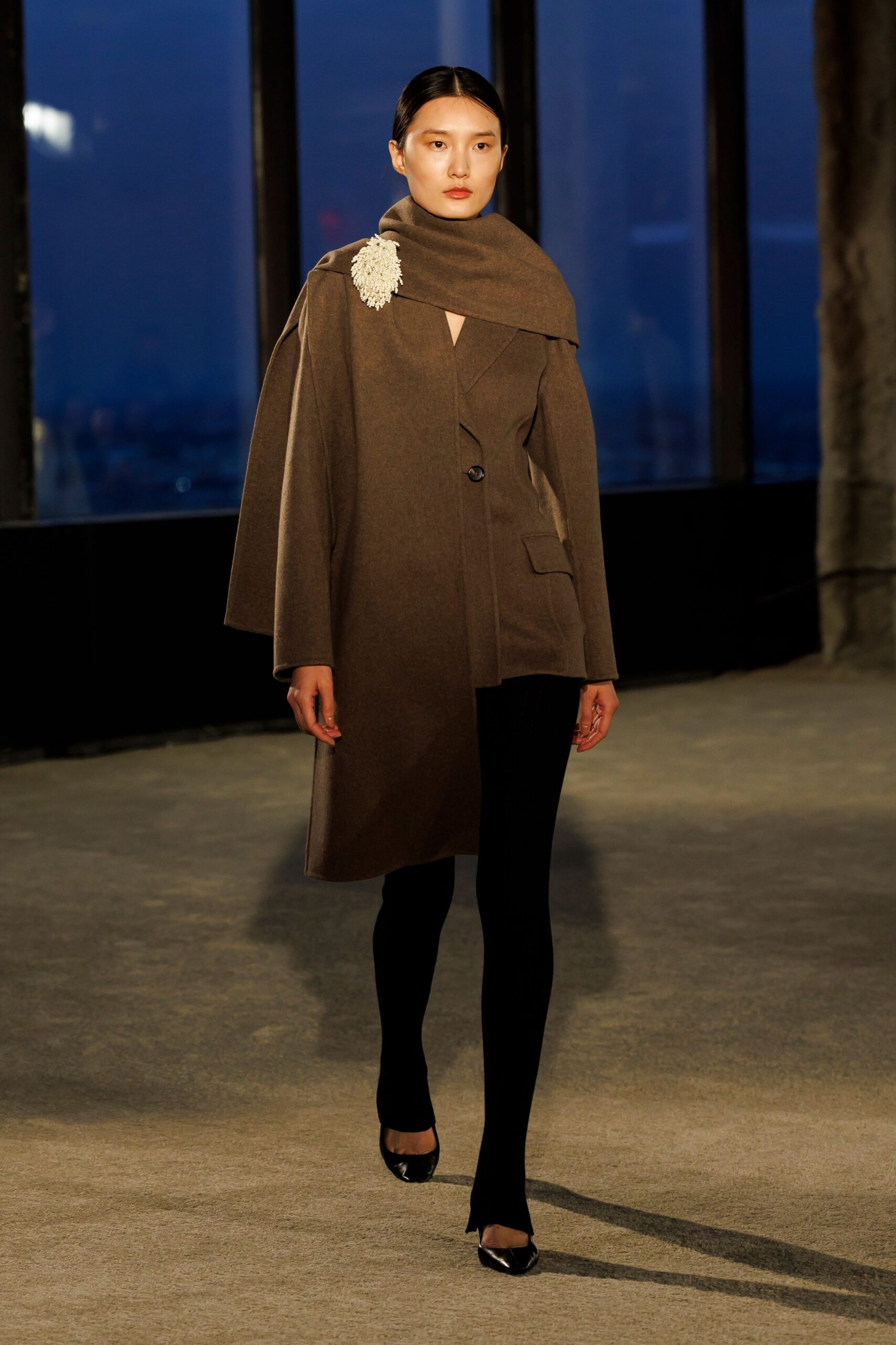 brown wool long-sleeve collared structured buttoned coat
