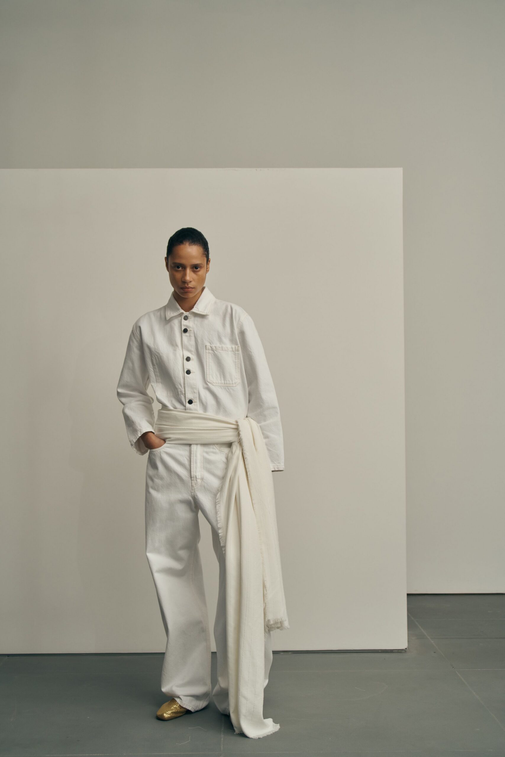 white relaxed shirt and pants