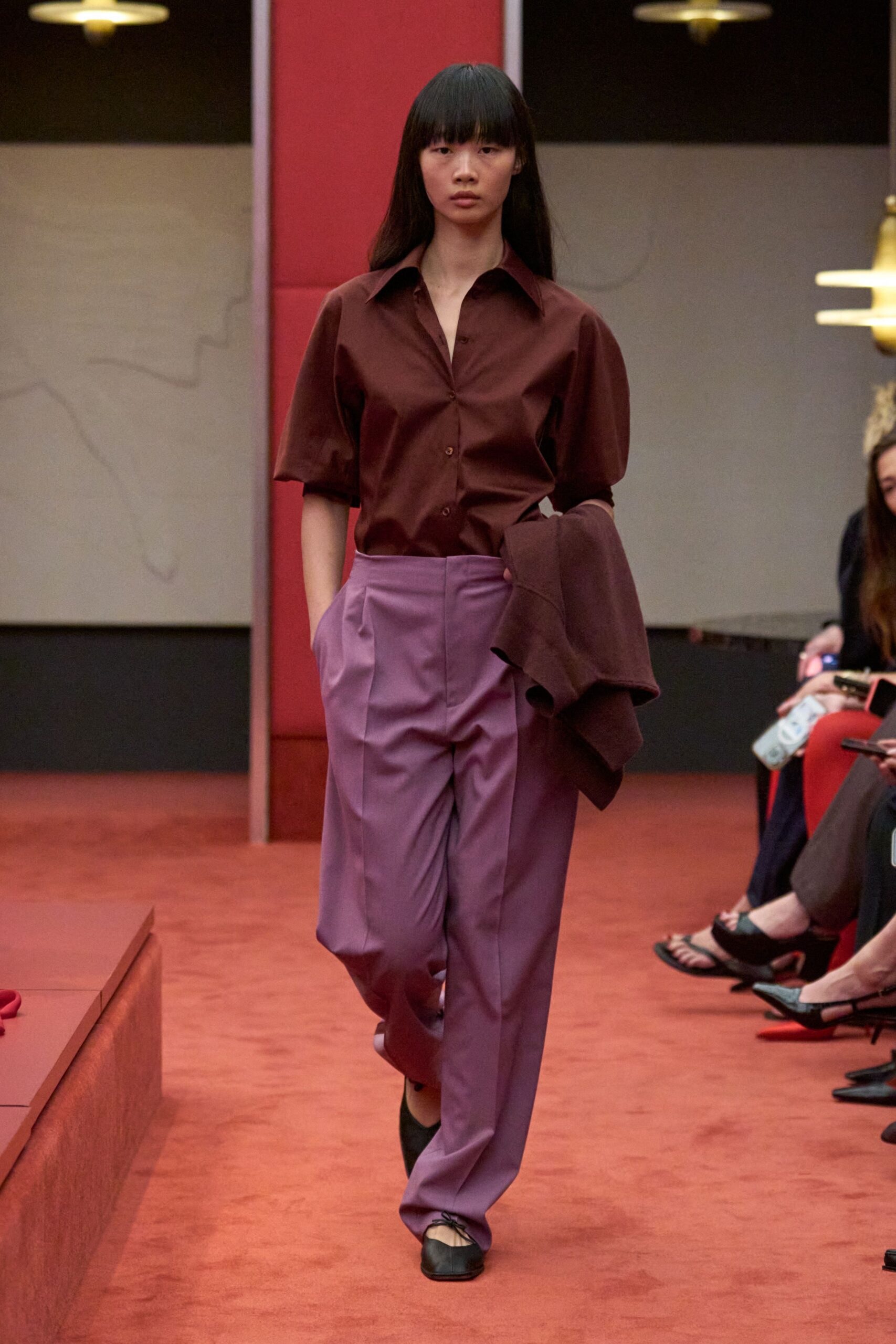 purple tailored high-waisted wide-leg pants