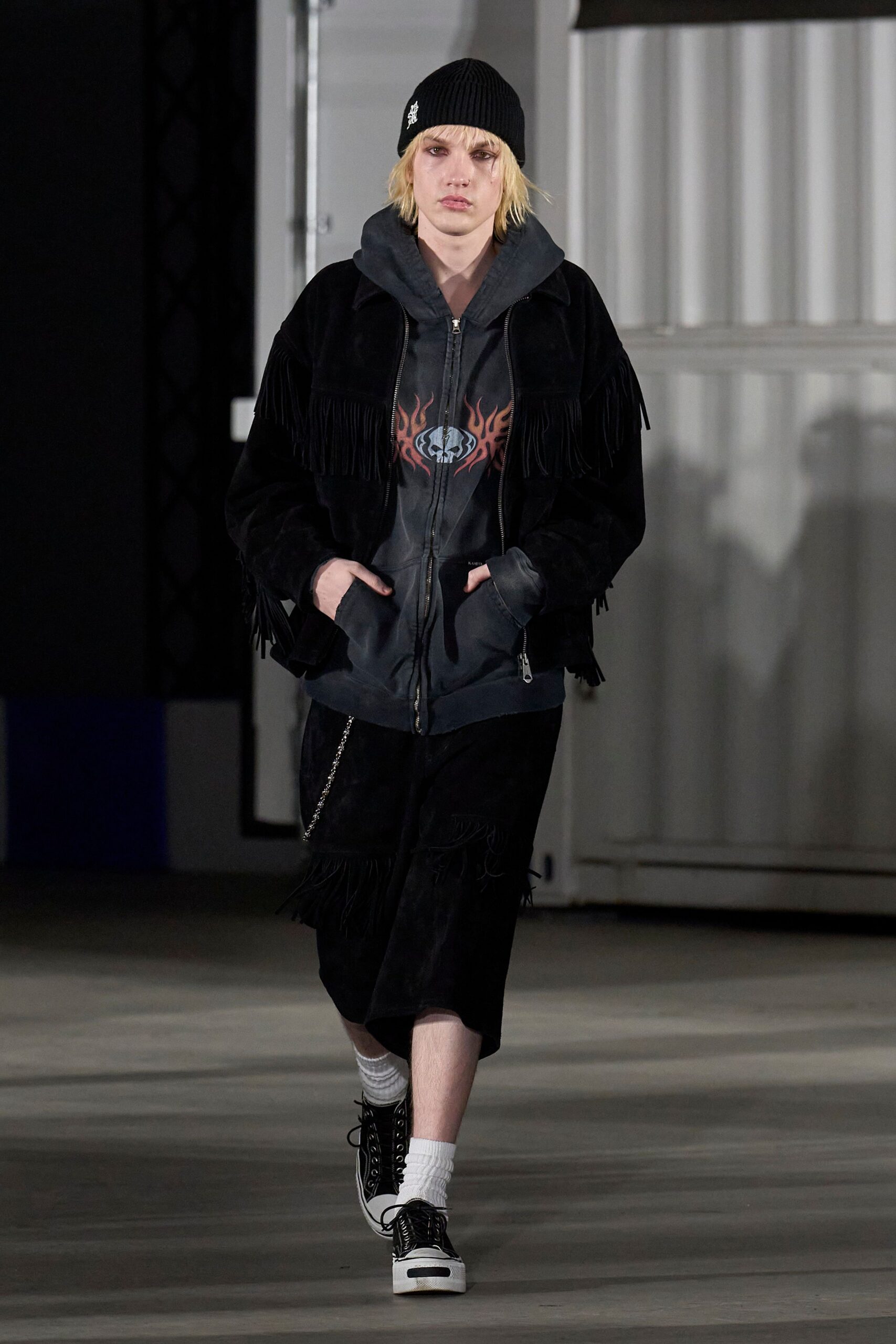 black faux-fur jacket and hoodie