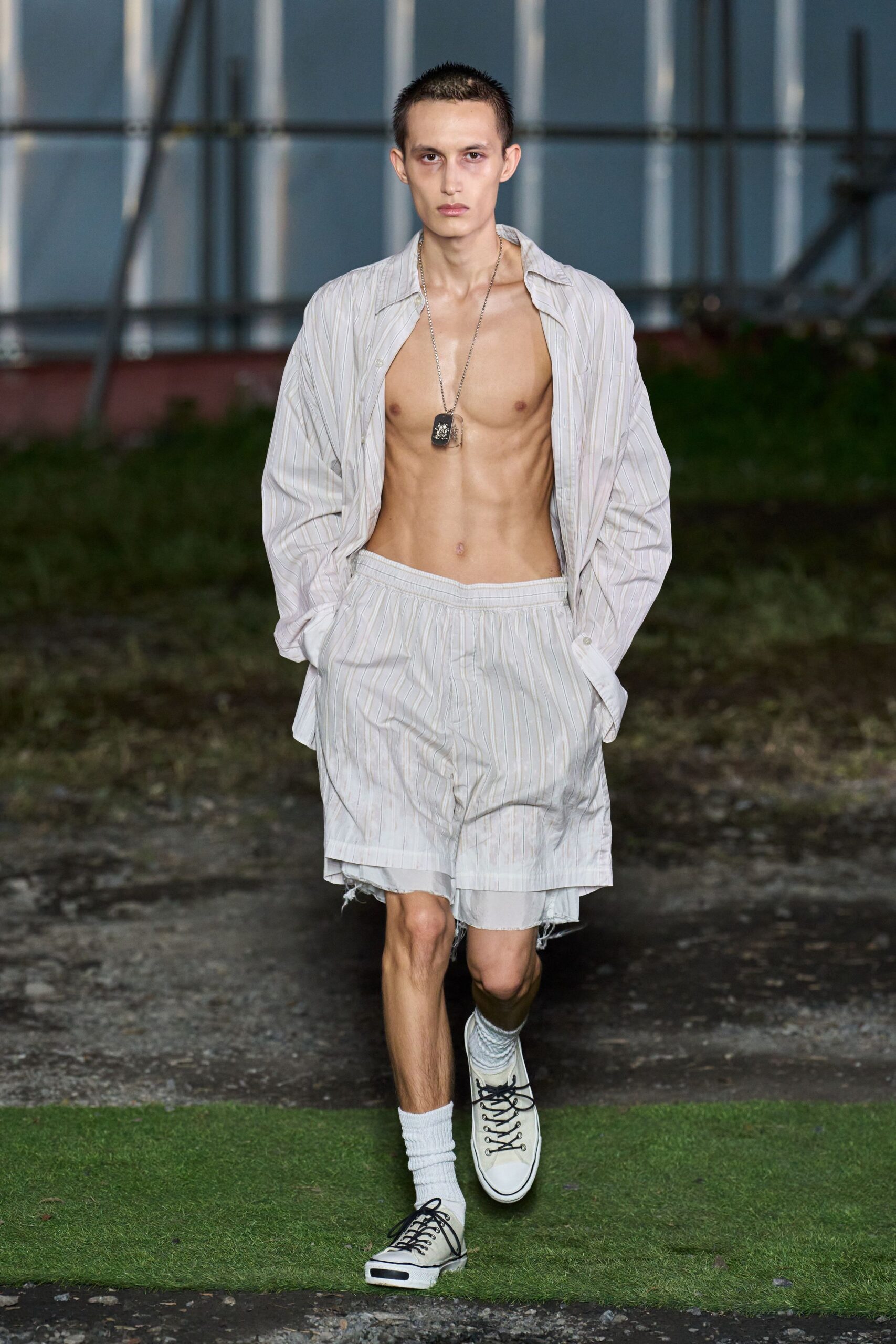 relaxed white striped shirt and shorts
