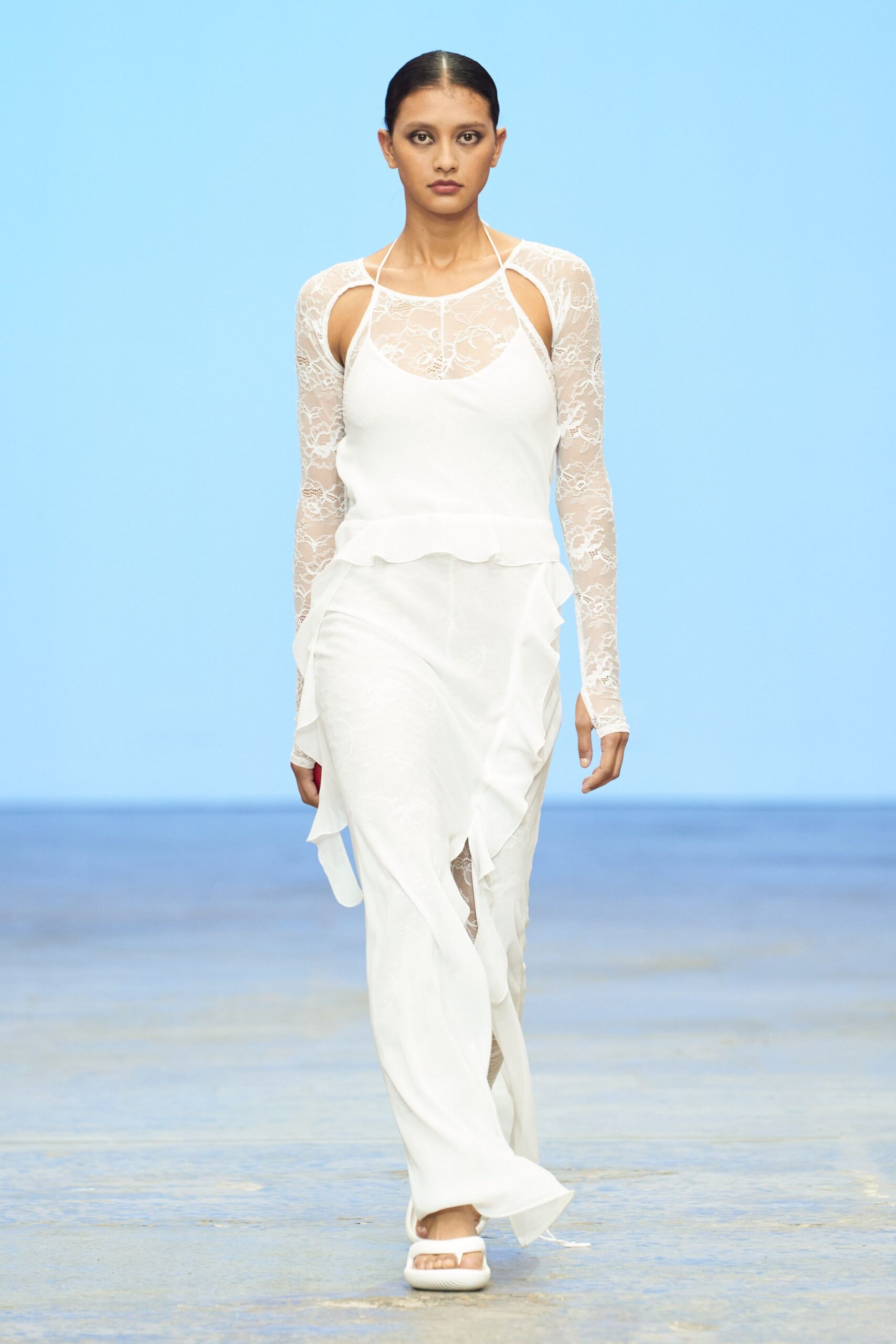 white lace sleeveless long-sleeve fitted layered ruffled dress