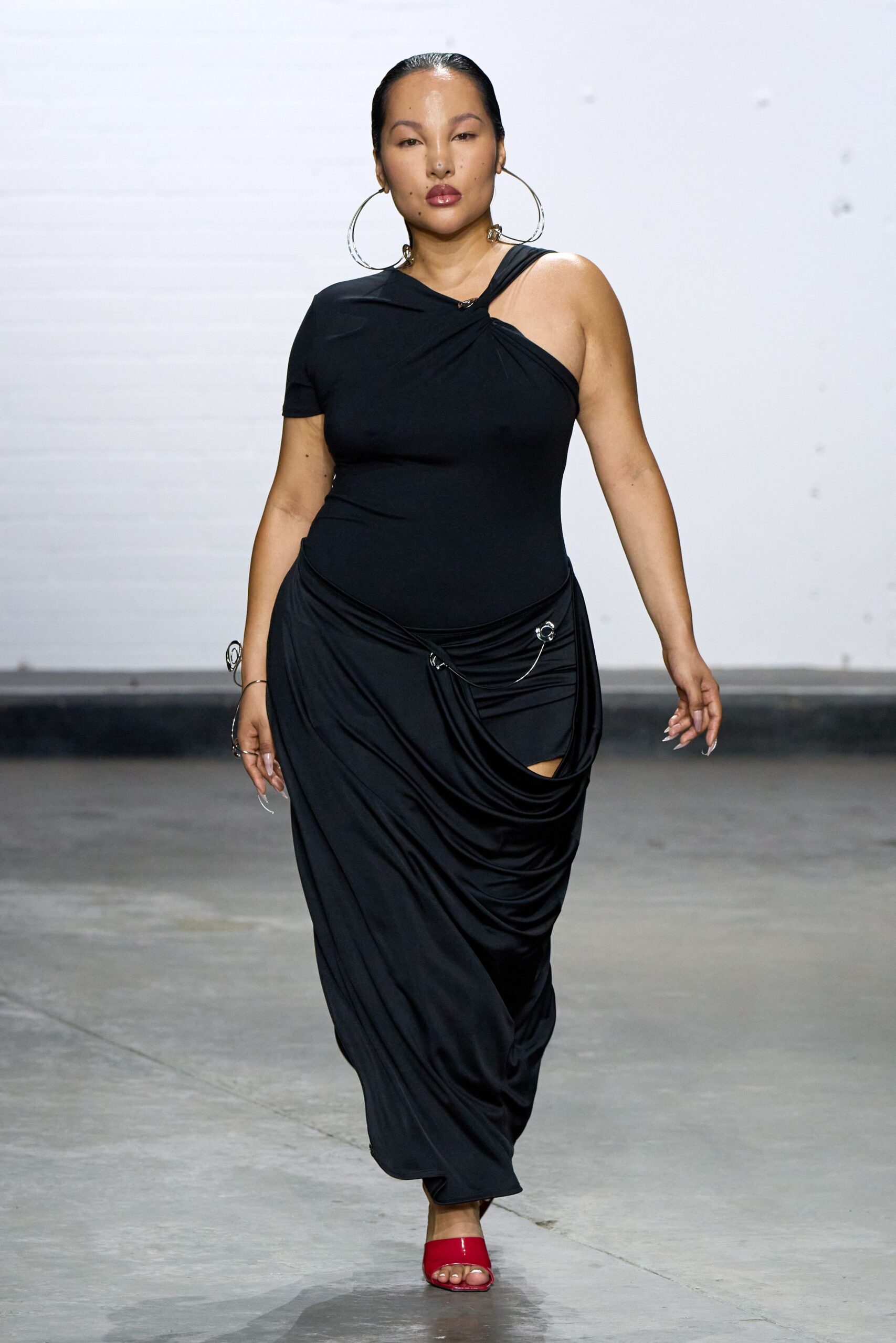 black cotton sleeveless asymmetric fitted draped maxi dress