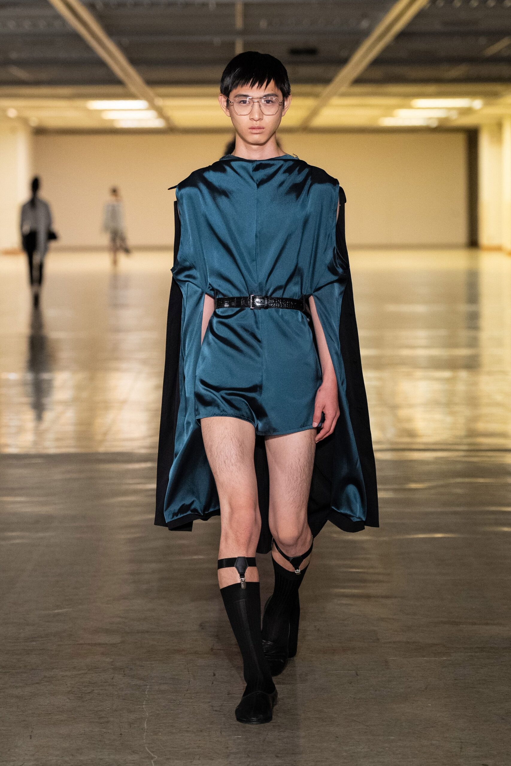 teal satin sleeveless high-neck fitted draped romper
