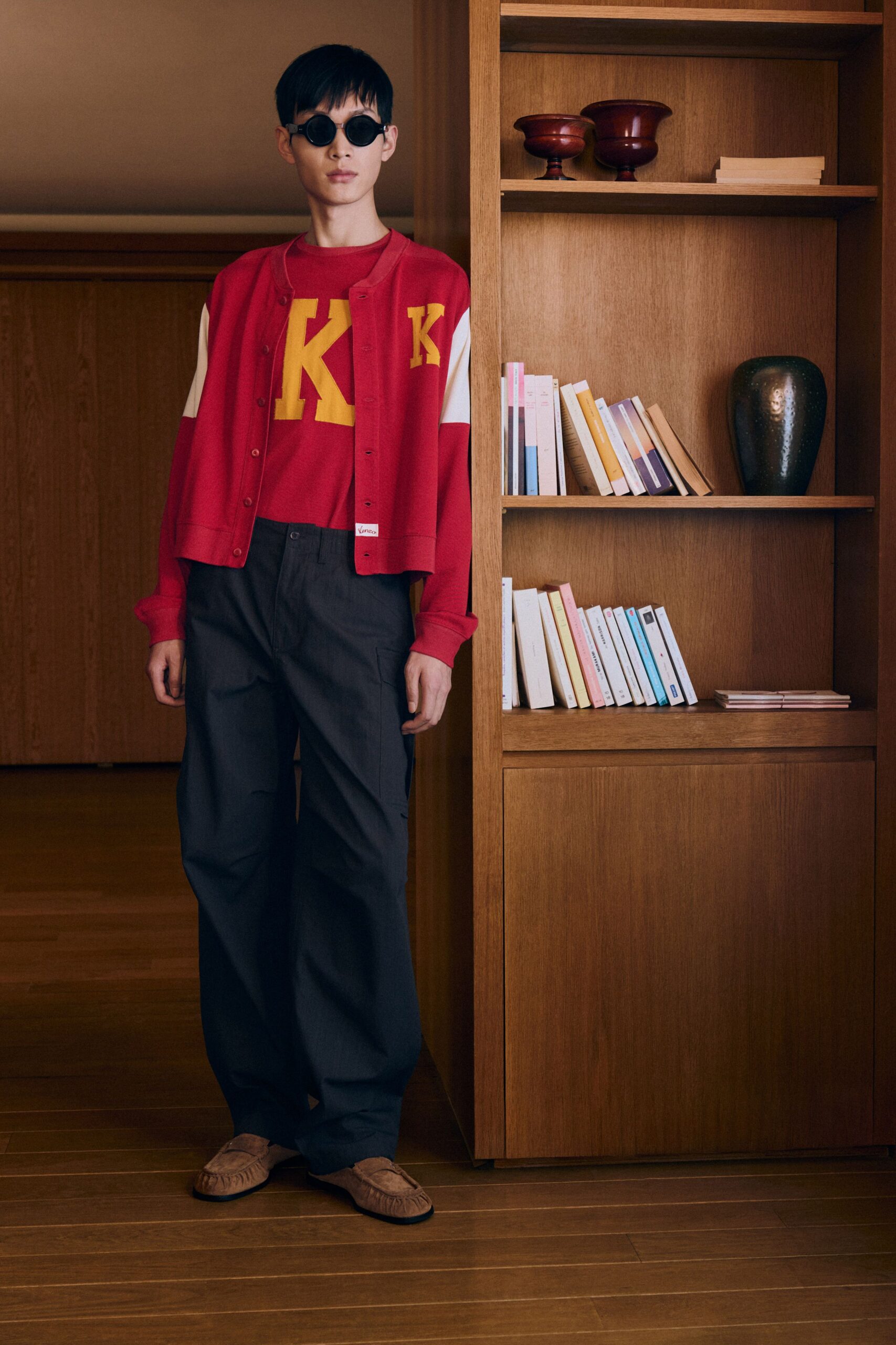 red cotton long-sleeve collared relaxed cardigan