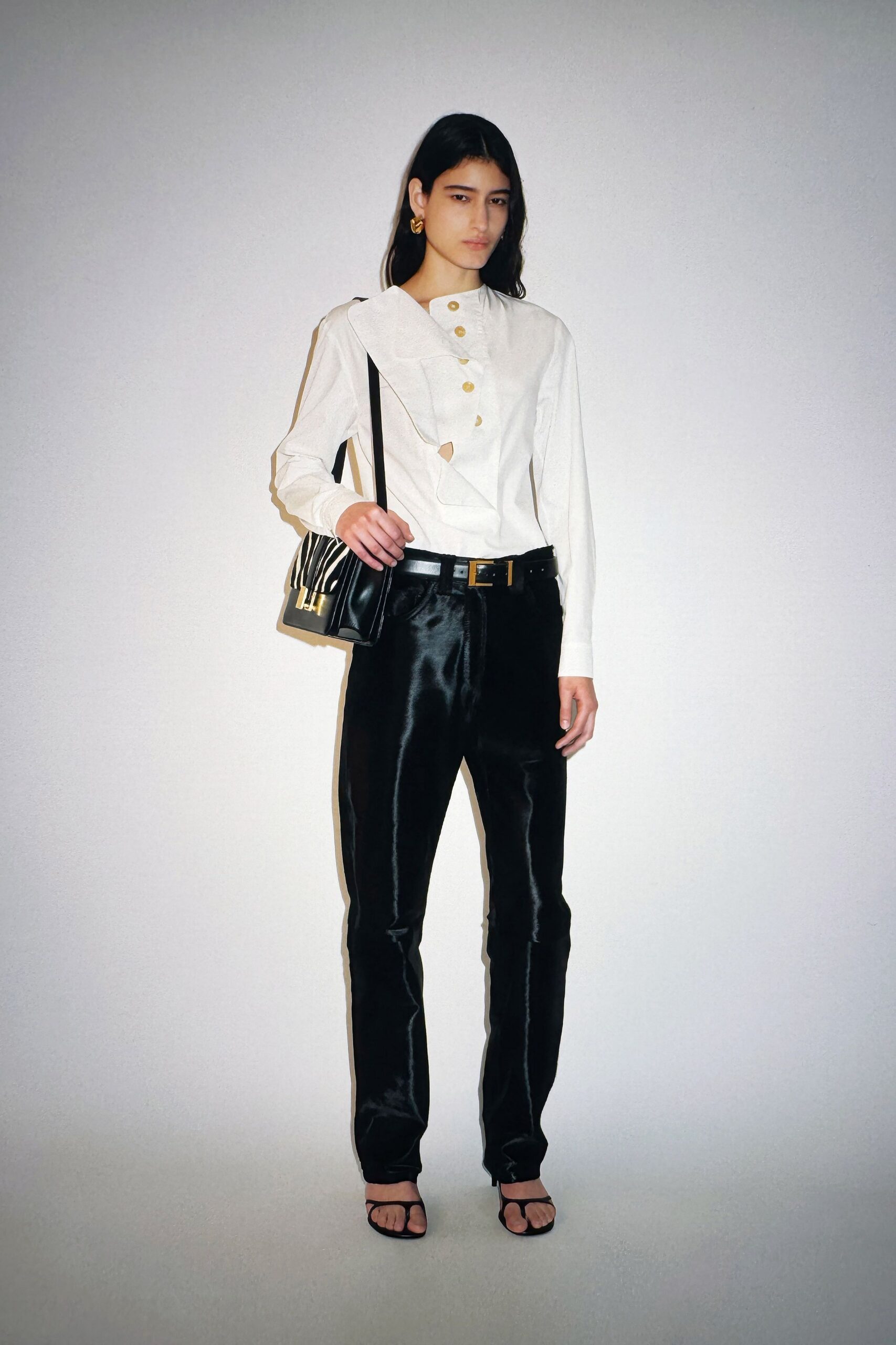 white fitted shirt black pants