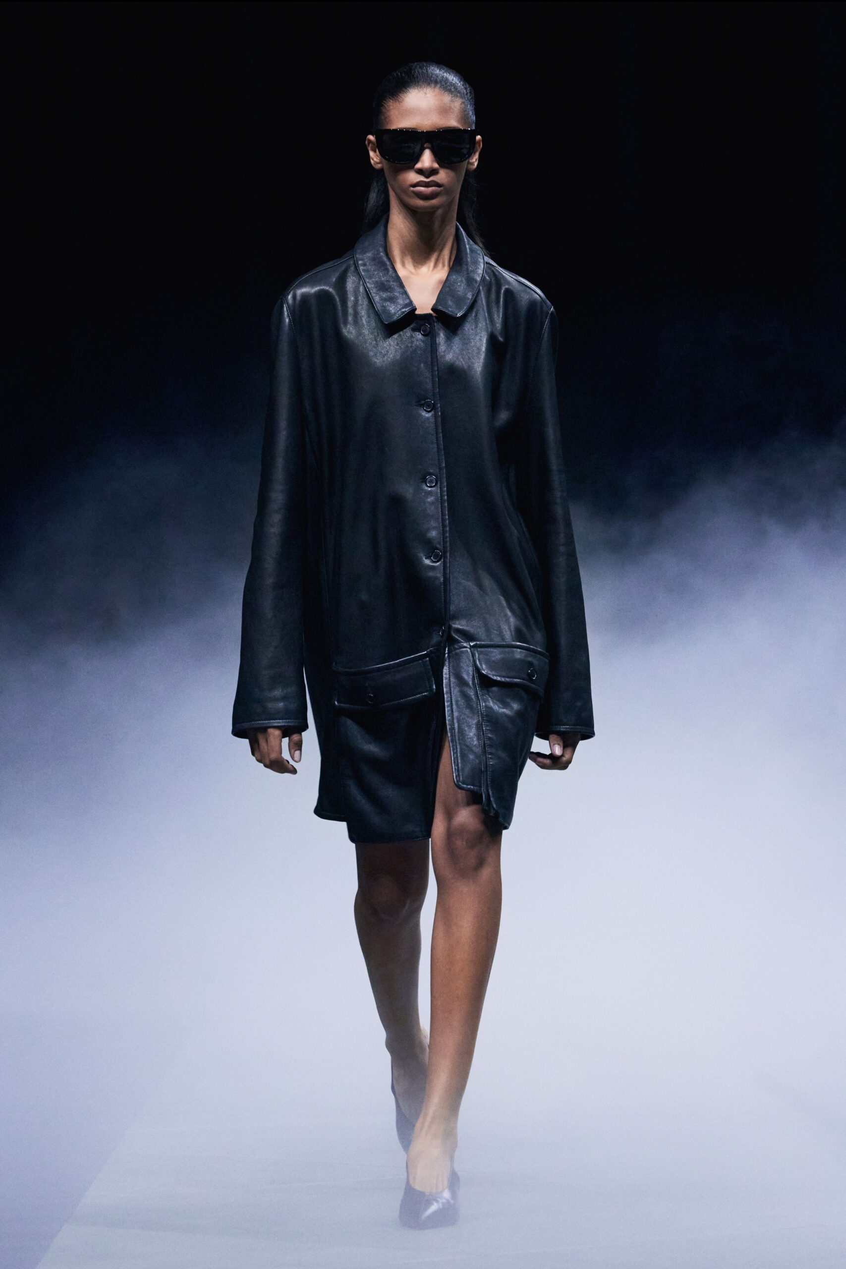 black leather long-sleeve collared relaxed buttoned pockets dress