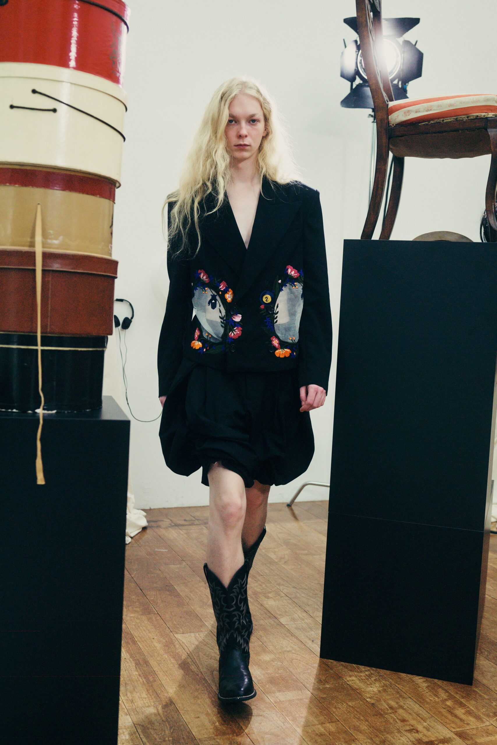 black embroidered blazer and skirt
