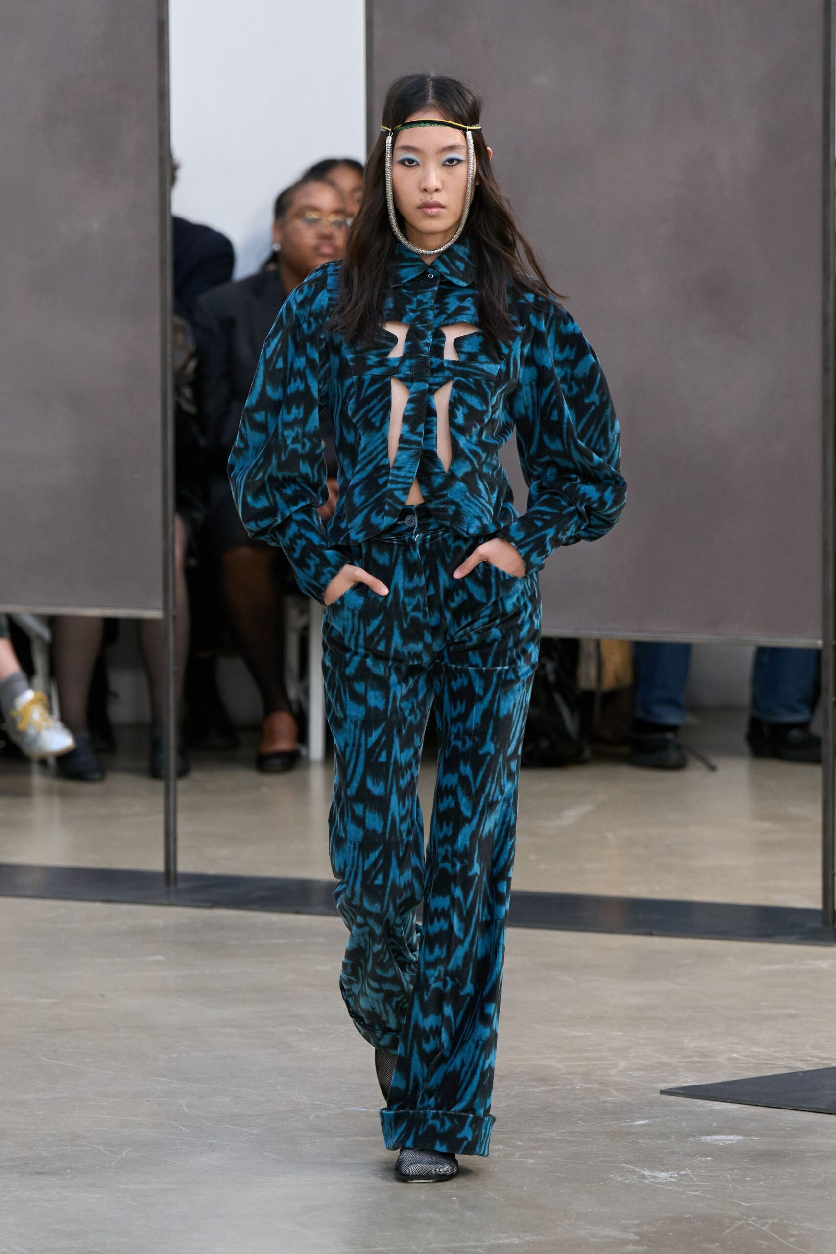 blue printed silk shirt and pants