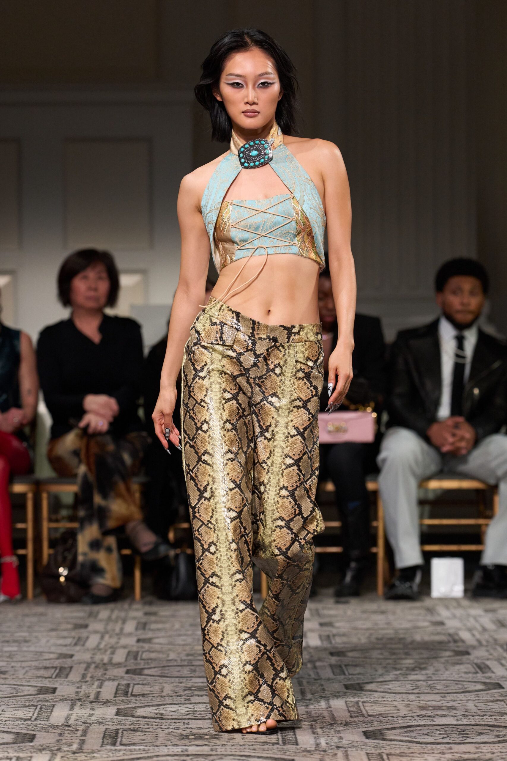 blue silk sleeveless halter fitted draped top