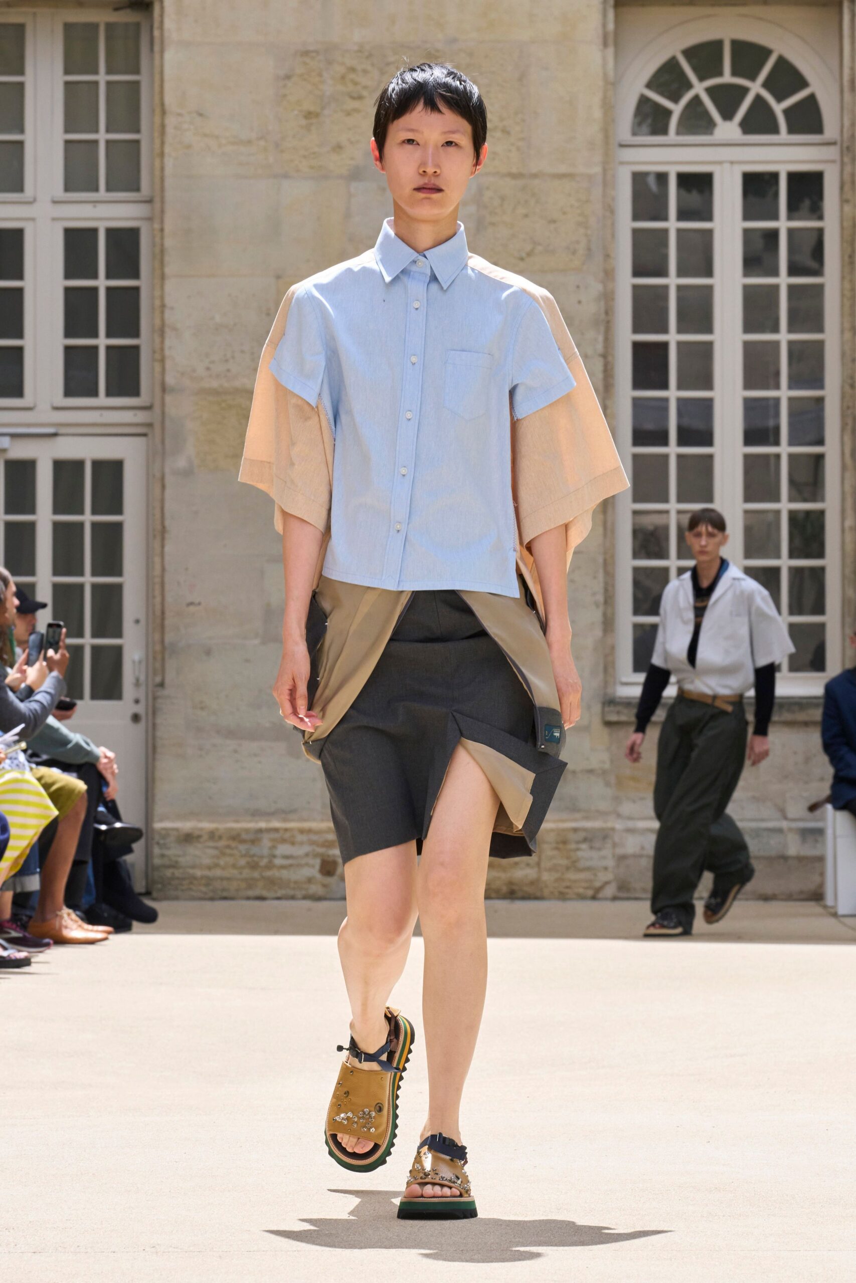 blue cotton short-sleeve collared relaxed layered shirt