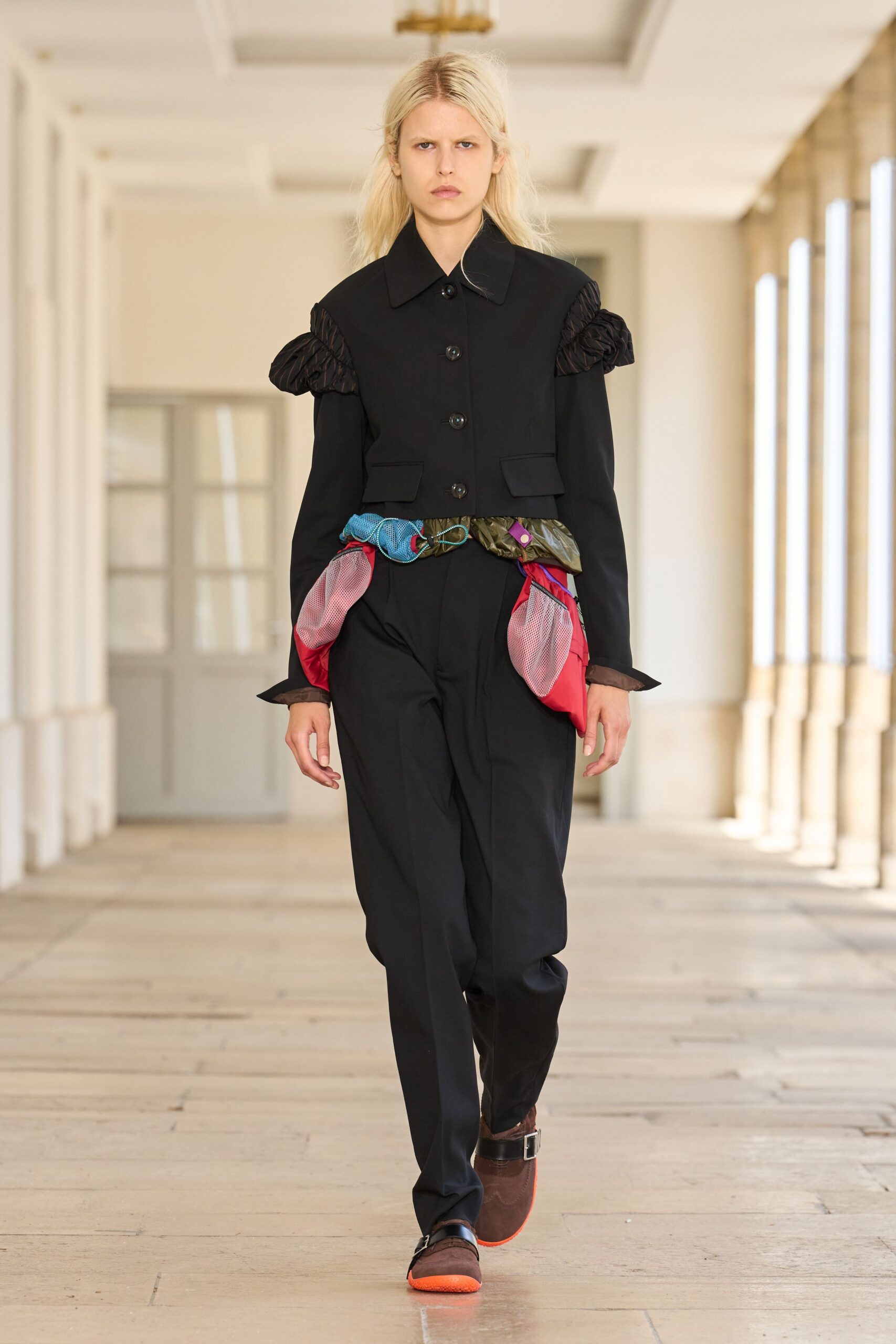 black cotton long-sleeve collared tailored ruffled blazer