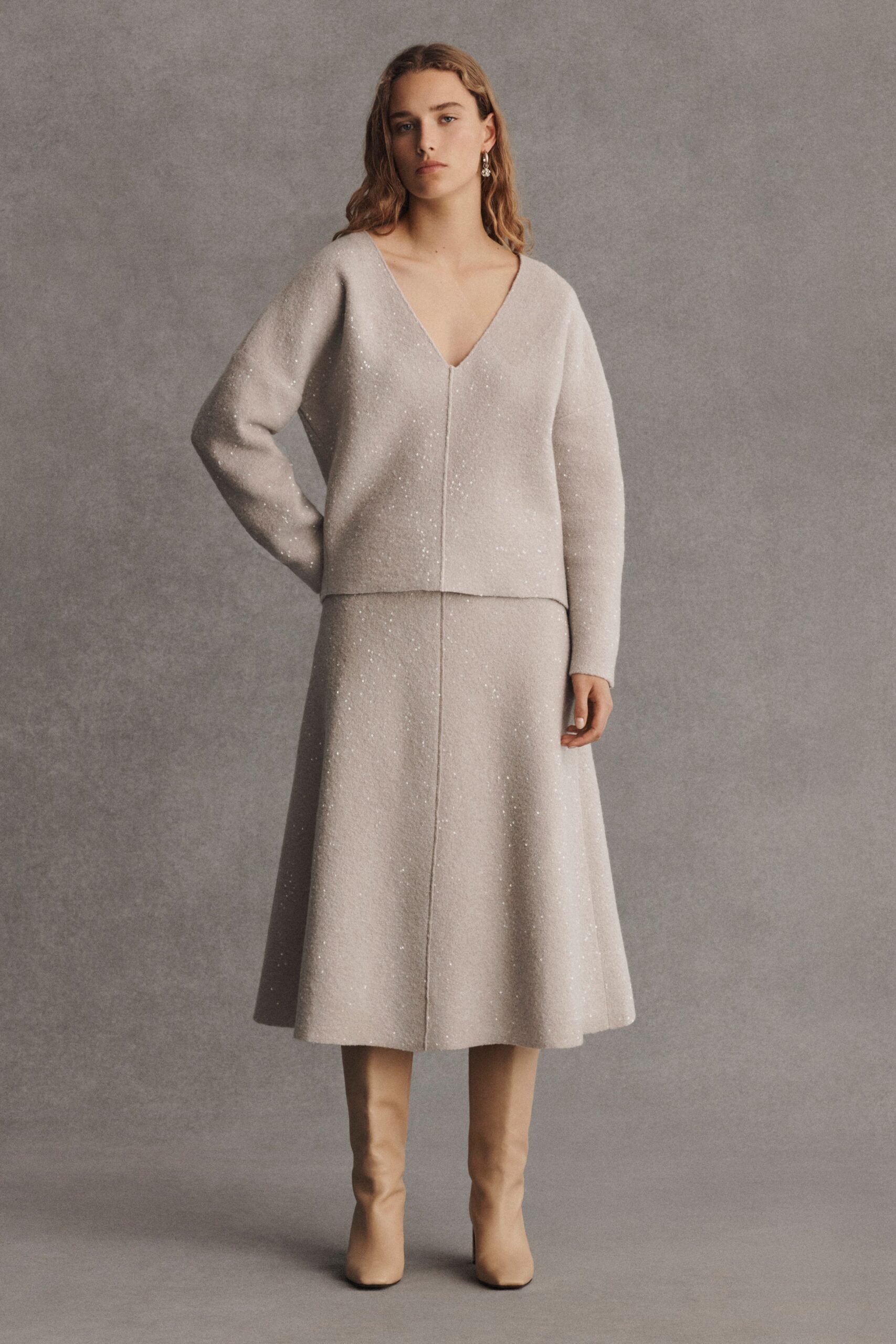 beige wool fitted flared midi skirt