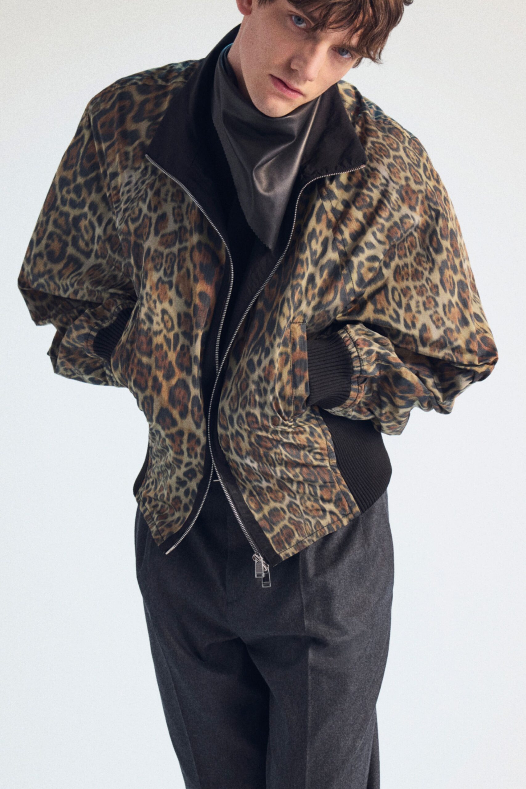brown silk long-sleeve collared relaxed animal-print jacket