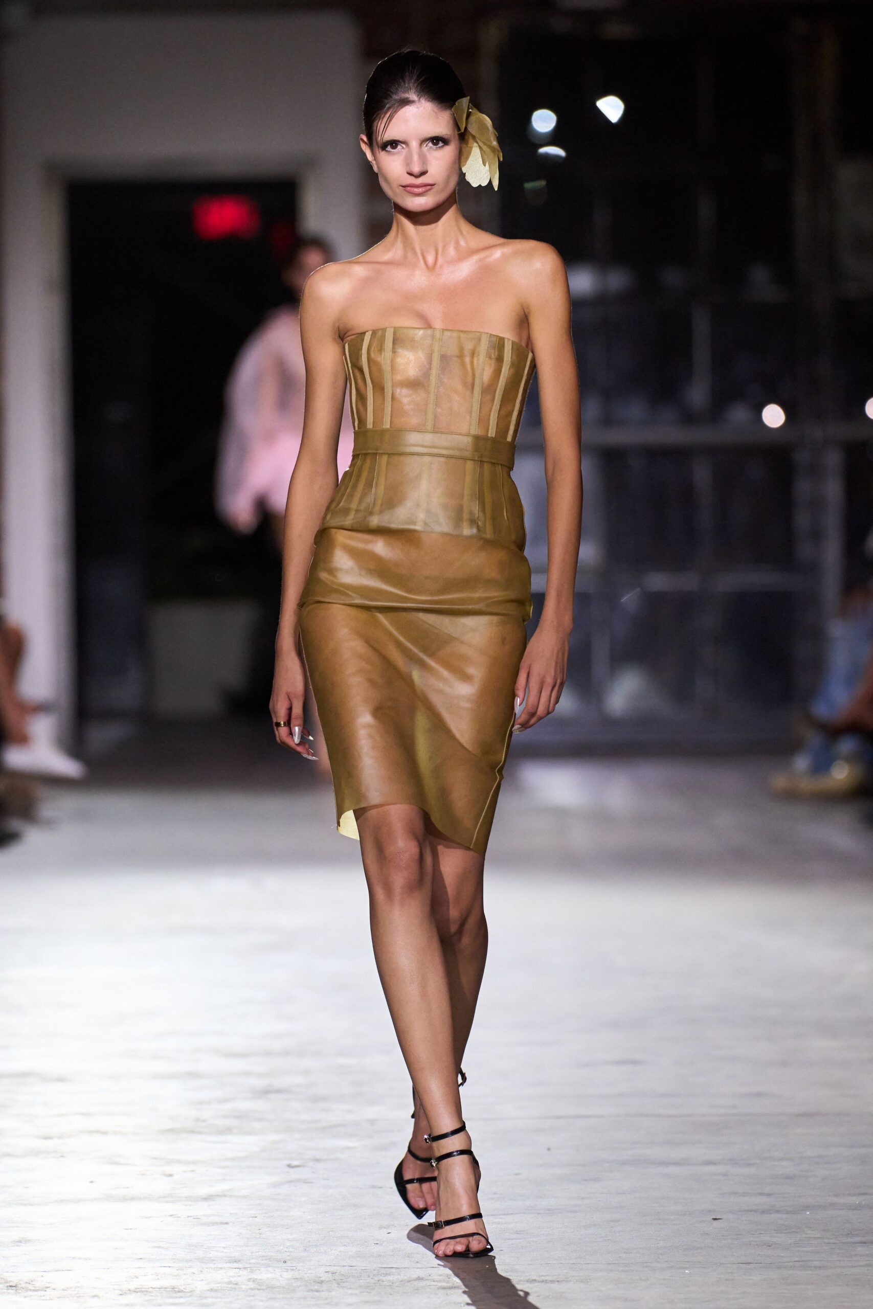 yellow leather strapless slit fitted pleated midi dress