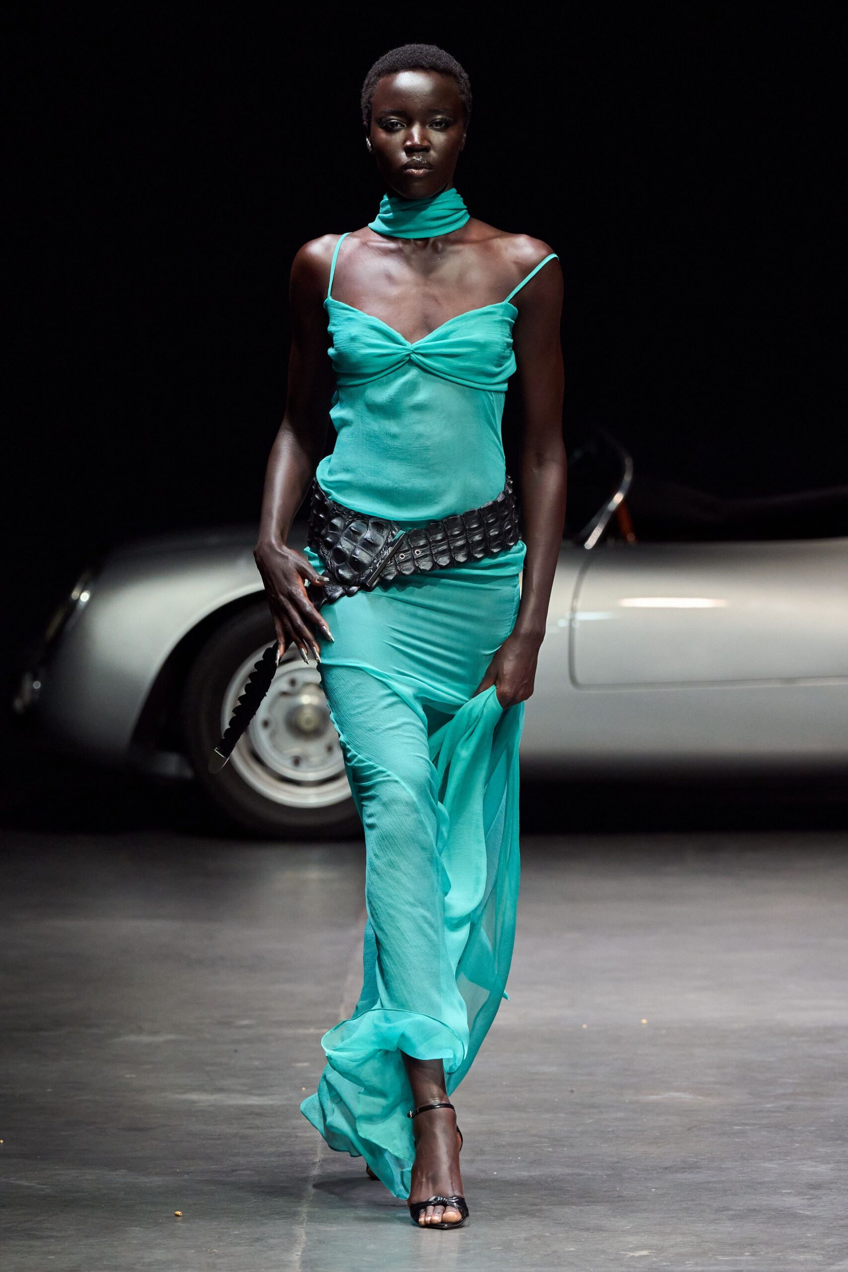teal silk sleeveless v-neck fitted flowing sheer gown