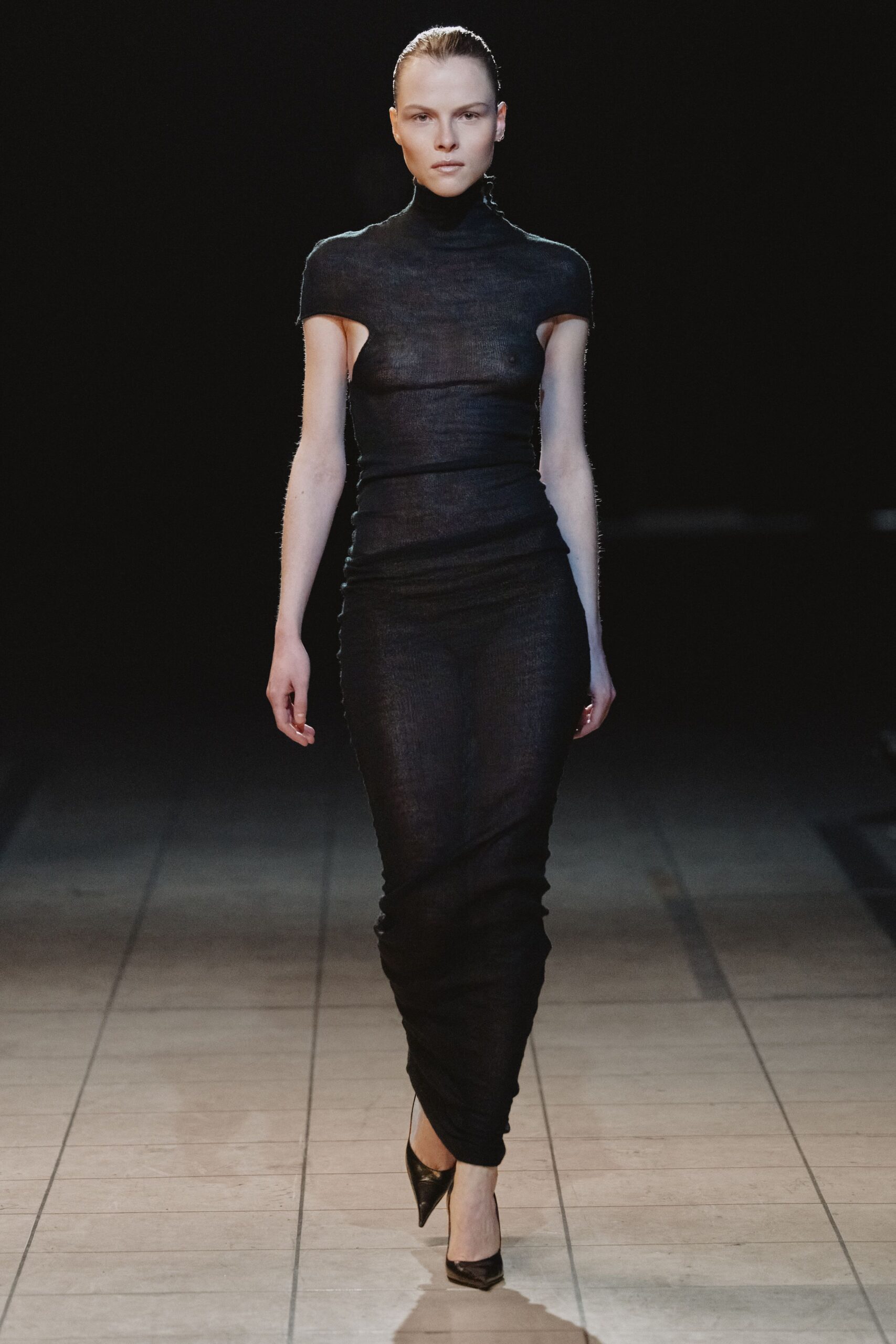 black mesh short-sleeve high-neck fitted ruched sheer dress