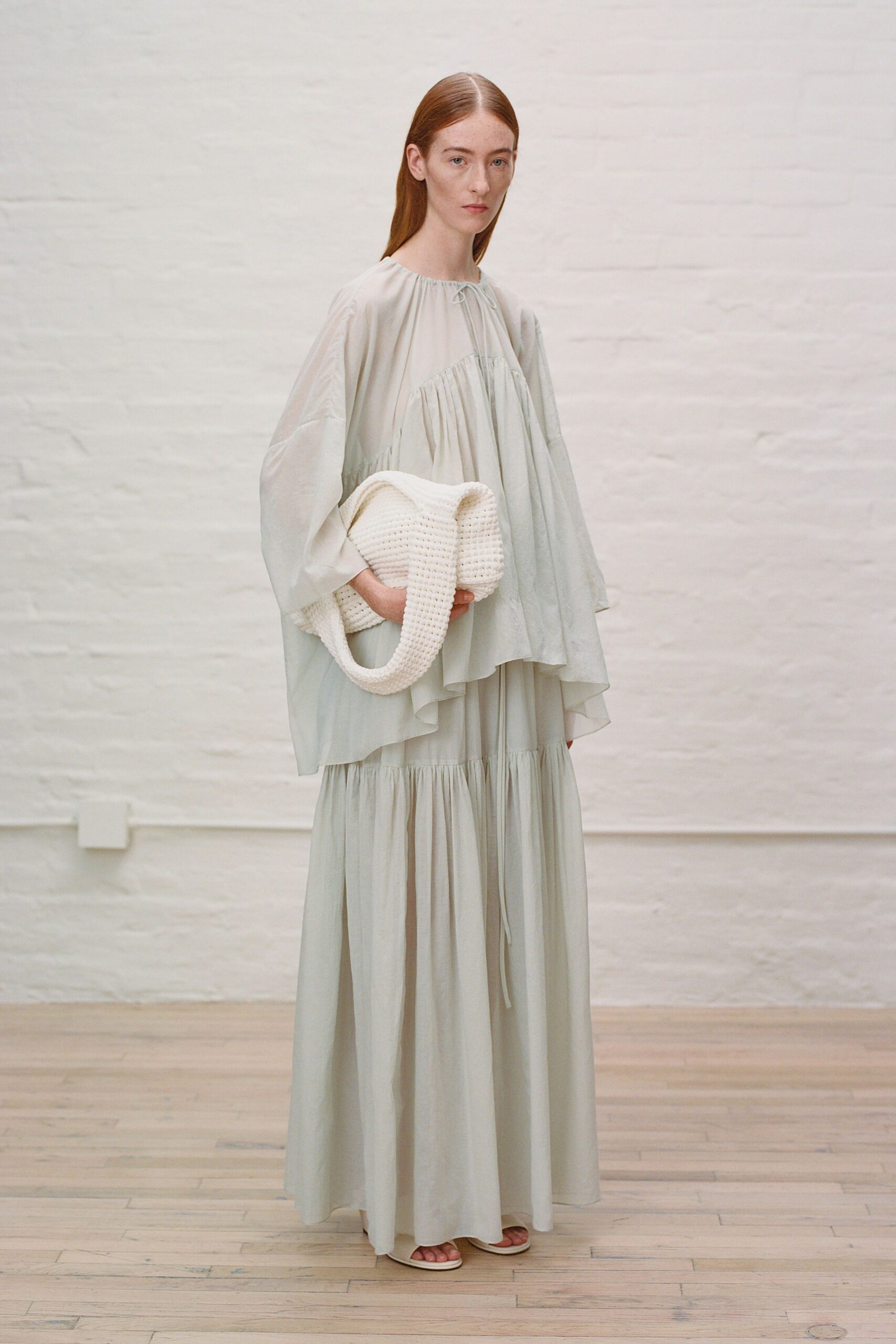 gray cotton long-sleeve high-neck relaxed tiered maxi dress