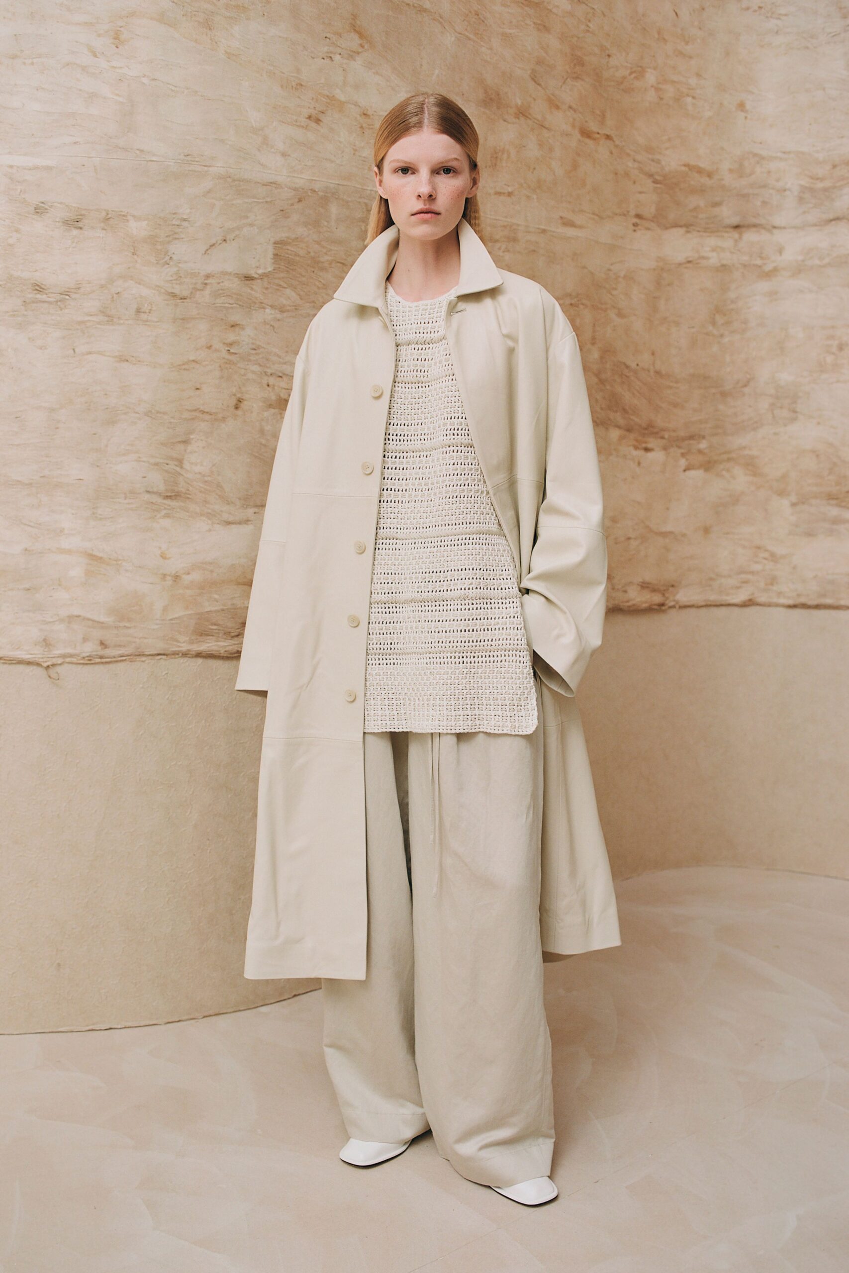beige coat white top wide-leg pants