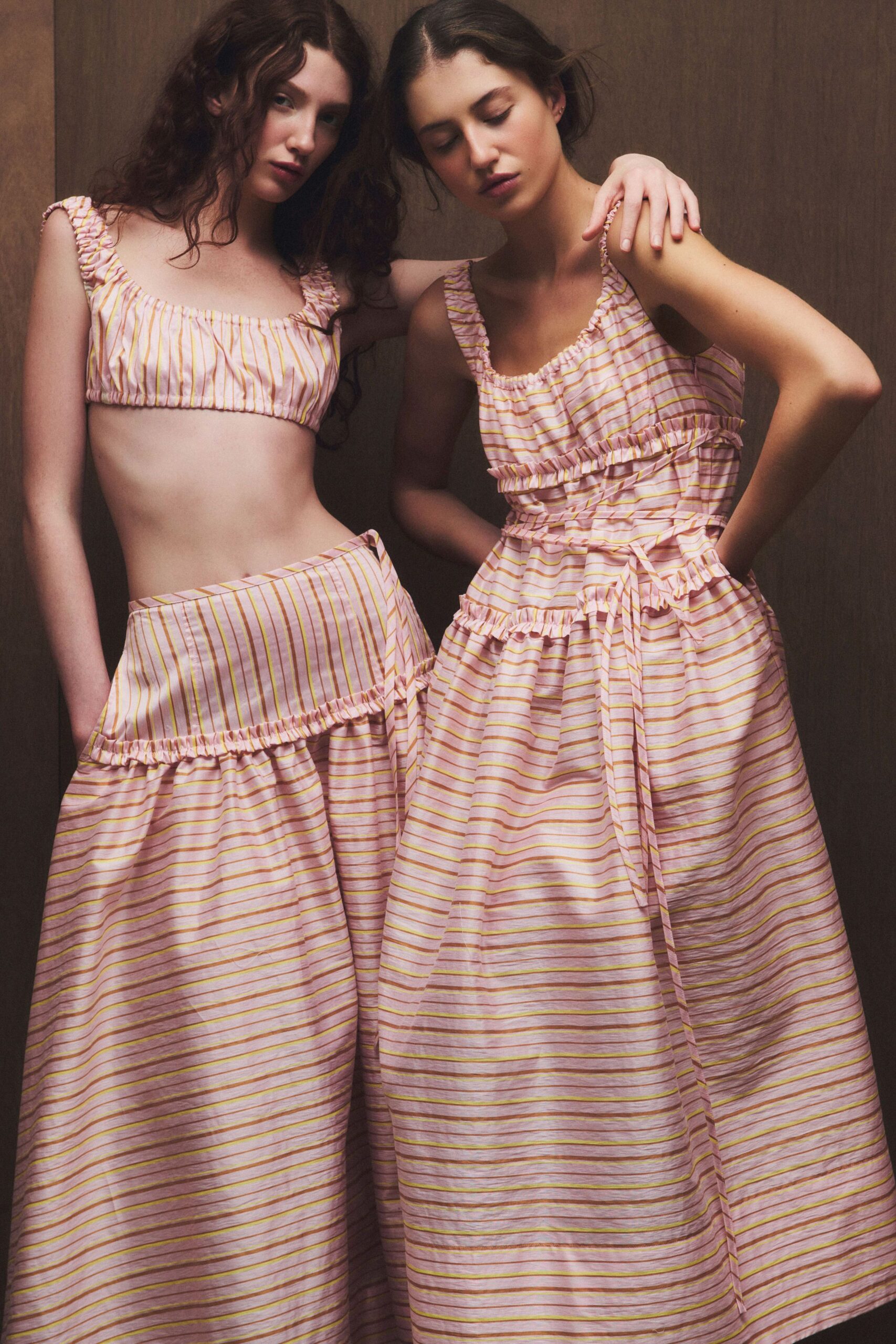 pink cotton sleeveless square-neck fitted striped ruffled crop-top