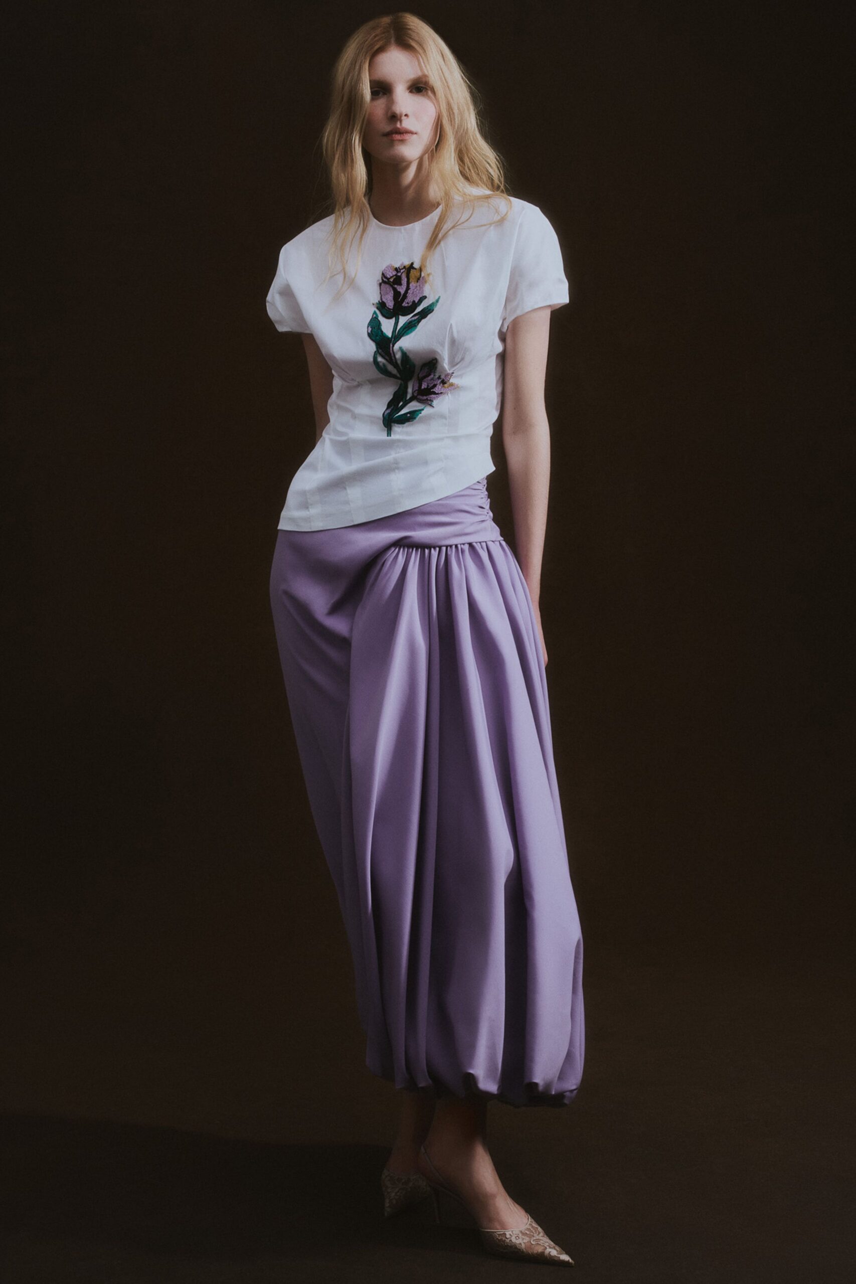 white embroidered top purple skirt
