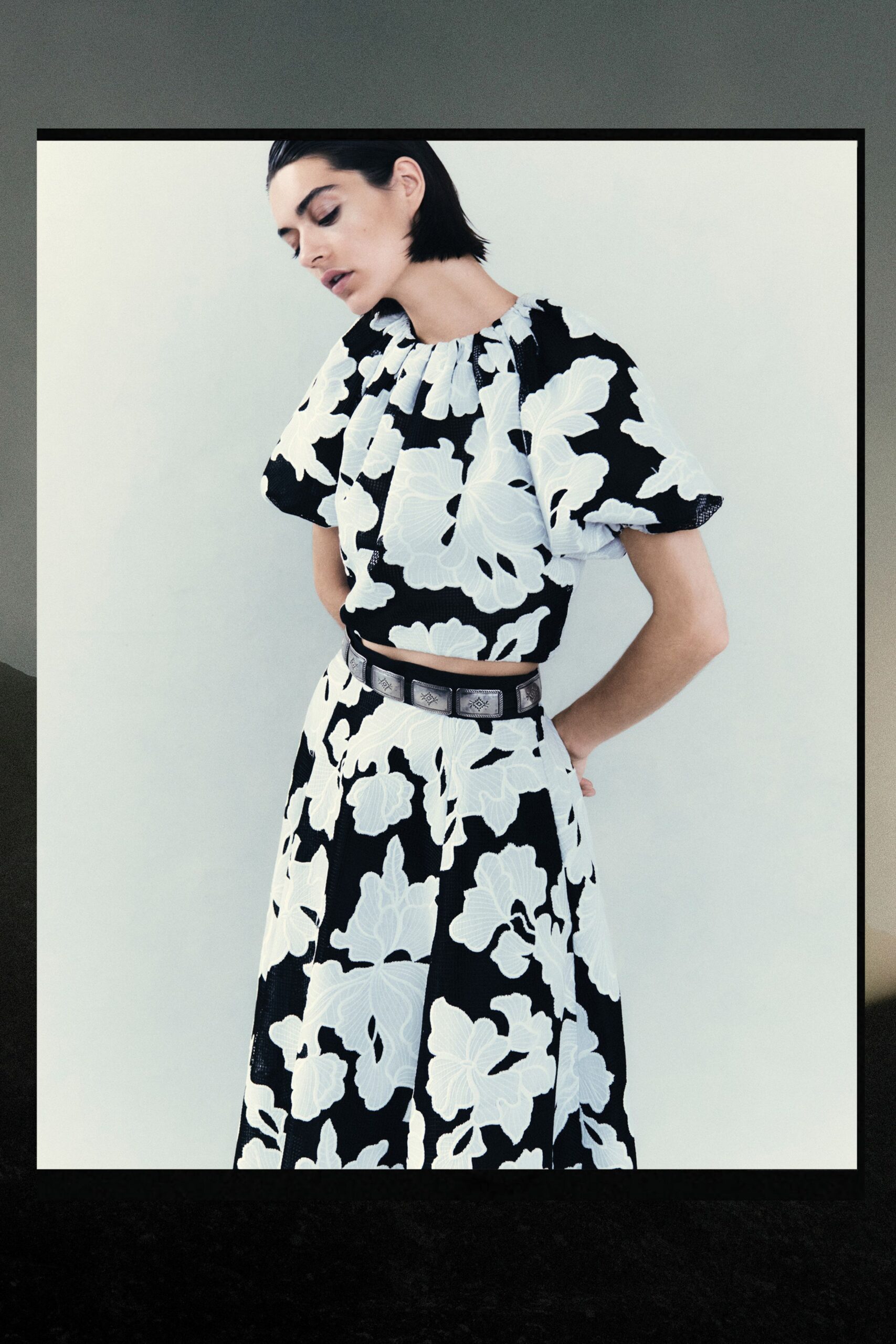 black and white floral midi dress with belt