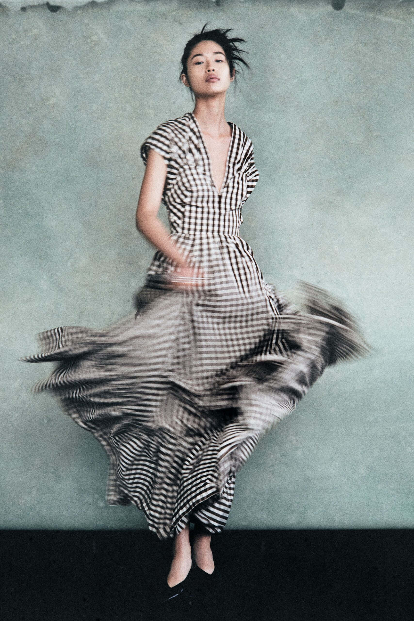 black cotton short-sleeve v-neck fitted checked tiered dress