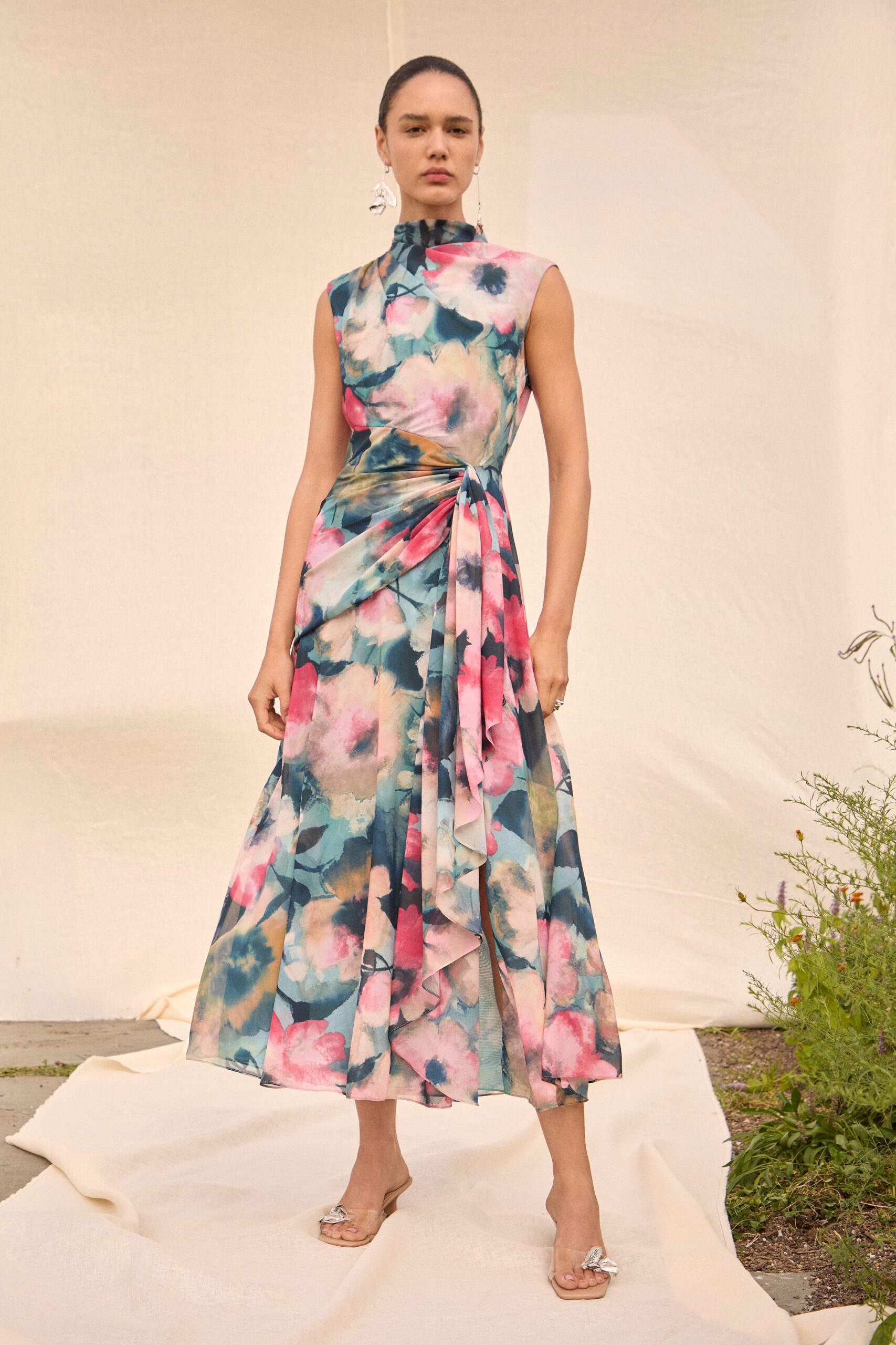 floral midi dress with clear shoes