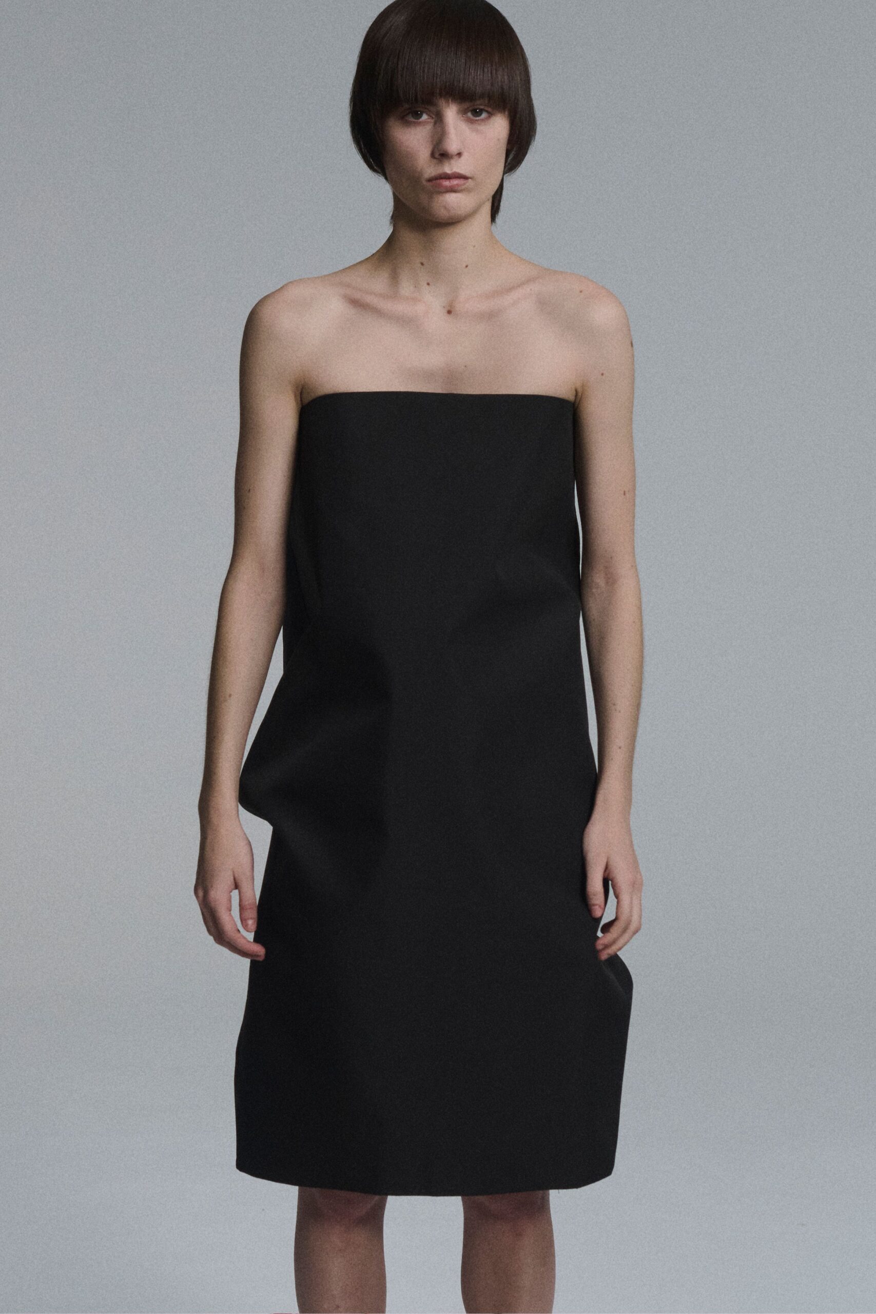 black strapless midi dress