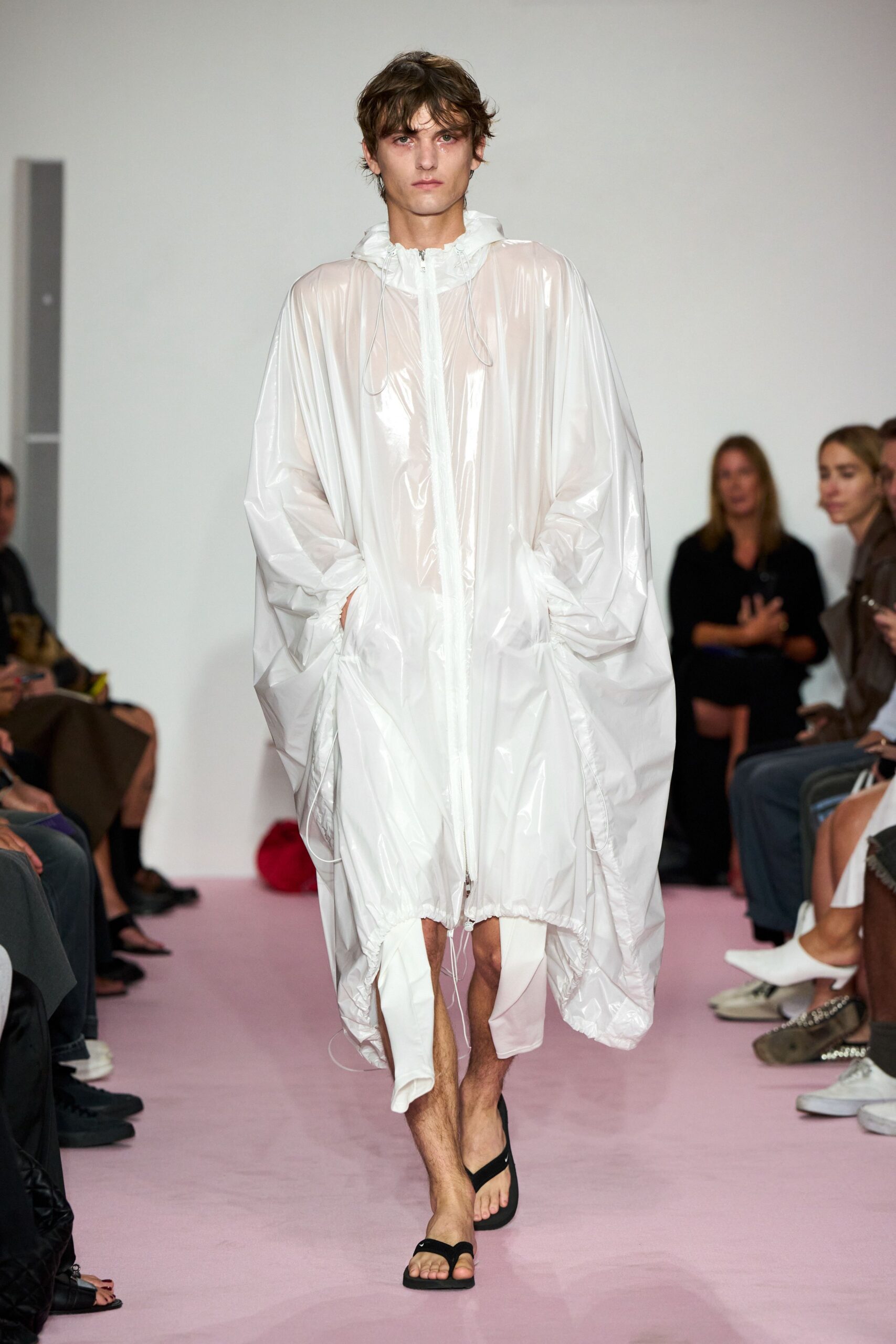 white vinyl long-sleeve hooded oversized zippered shiny coat