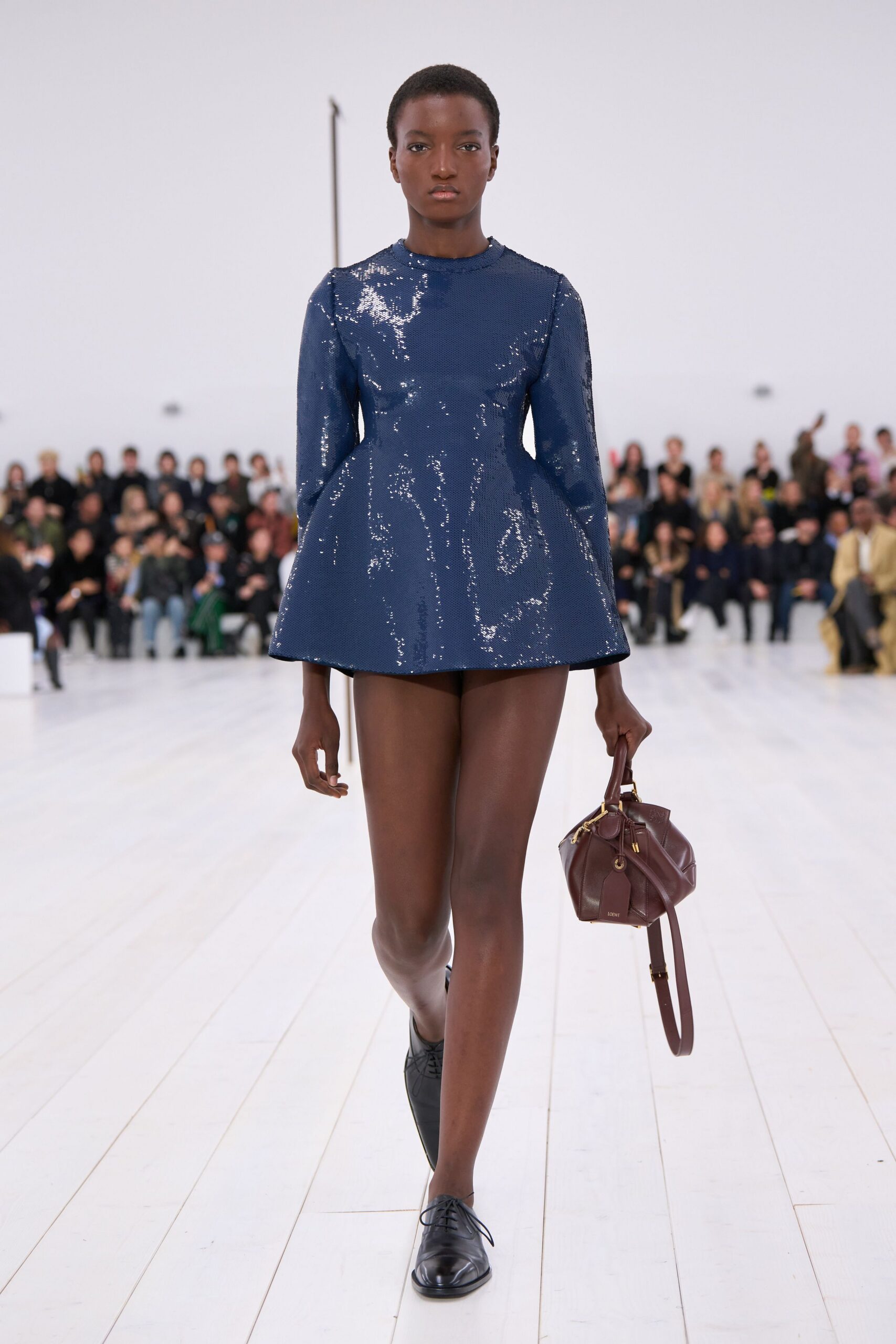 blue silk long-sleeve high-neck fitted pleated sequined dress