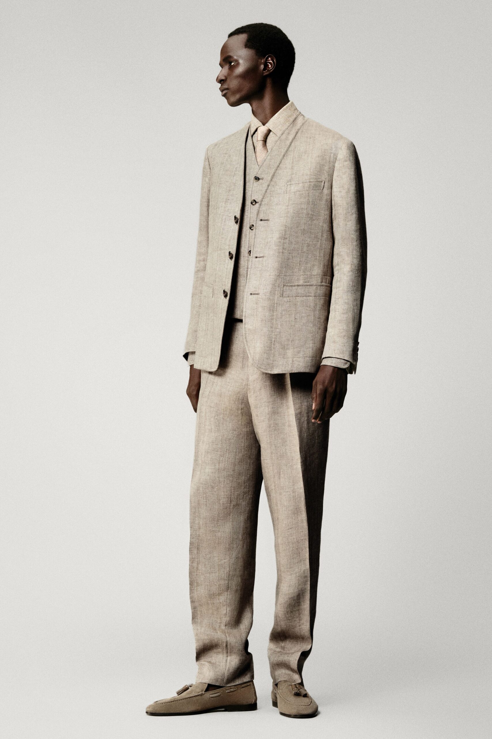 beige linen tailored suit