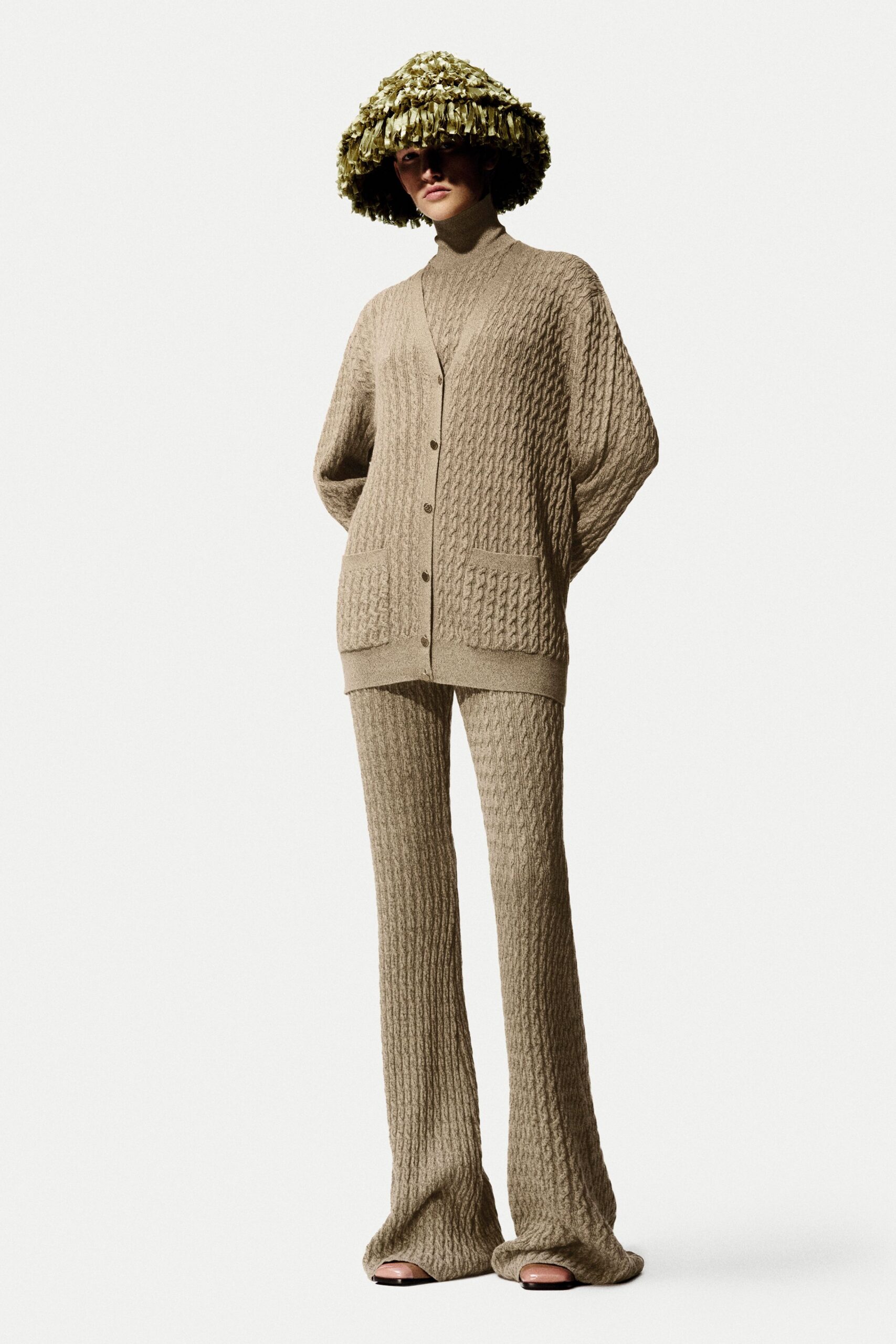 beige wool long-sleeve collared relaxed textured cardigan