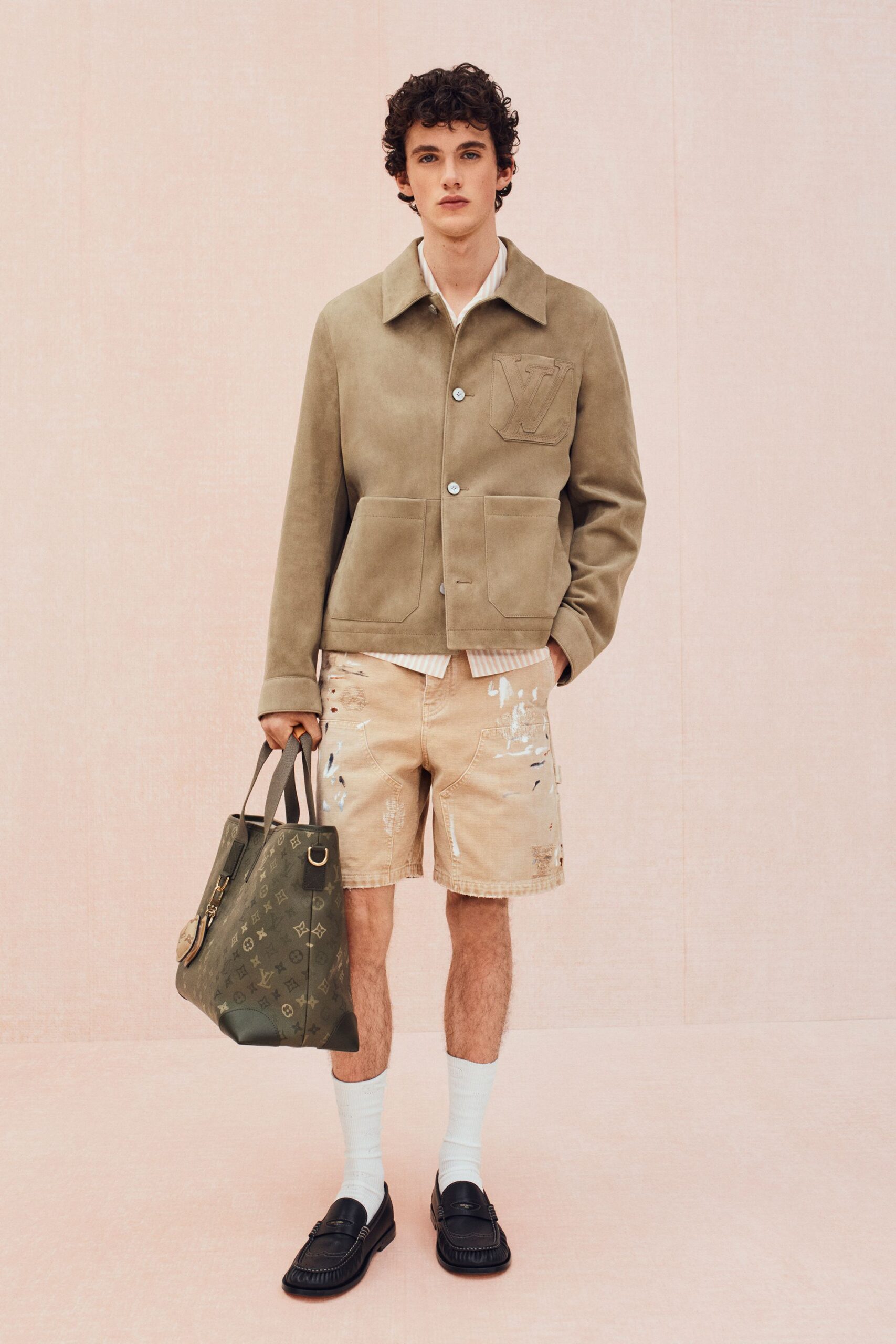 beige suede long-sleeve collared relaxed jacket