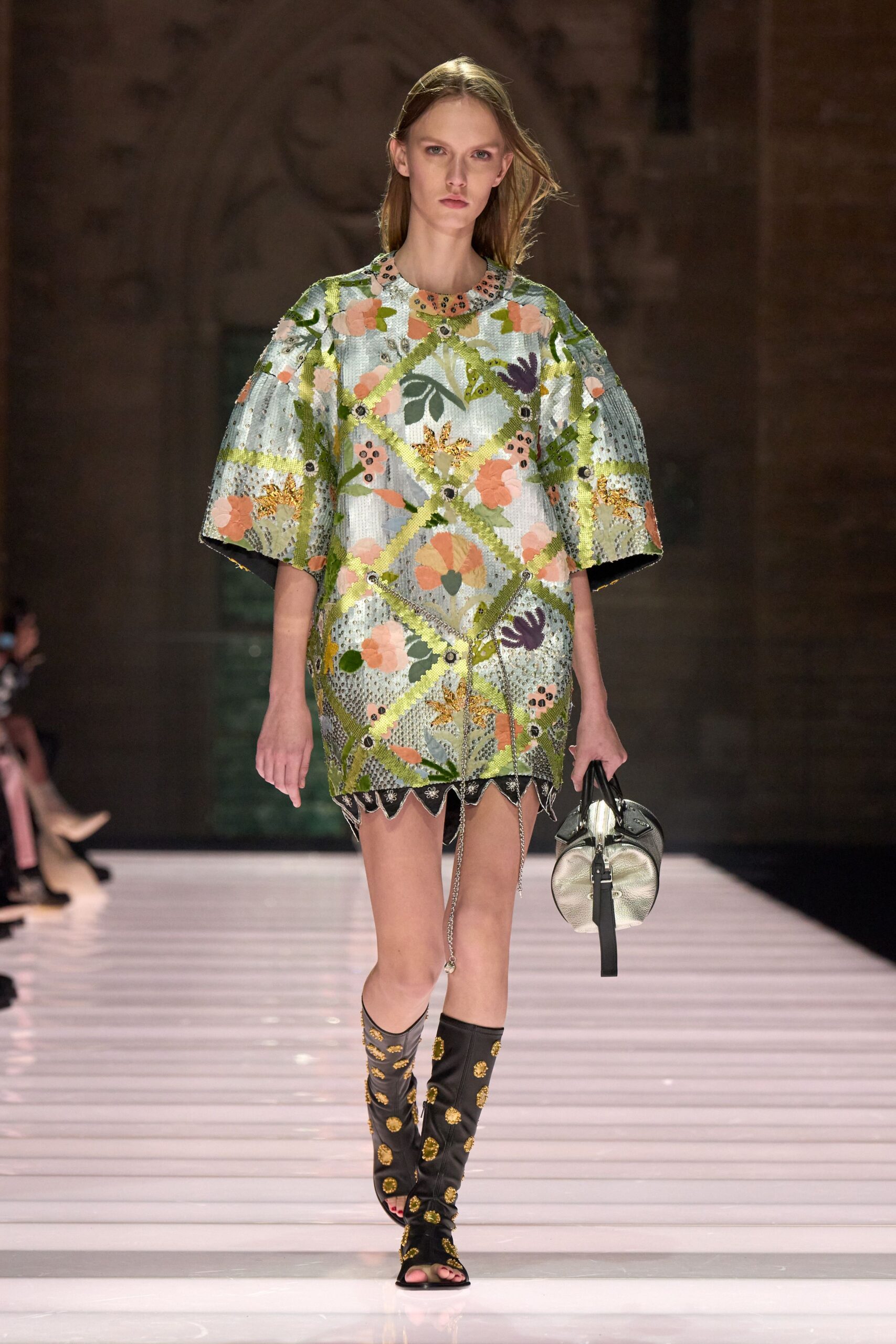 green cotton short-sleeve collared relaxed embroidered flared dress