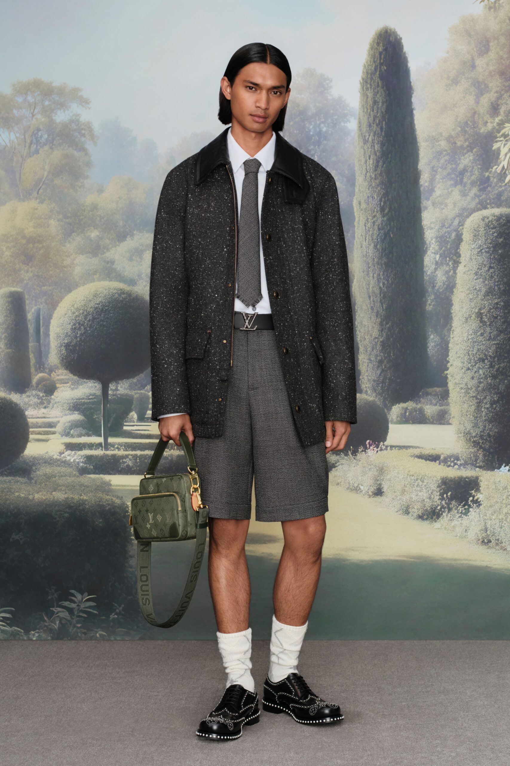black wool relaxed coat with shorts