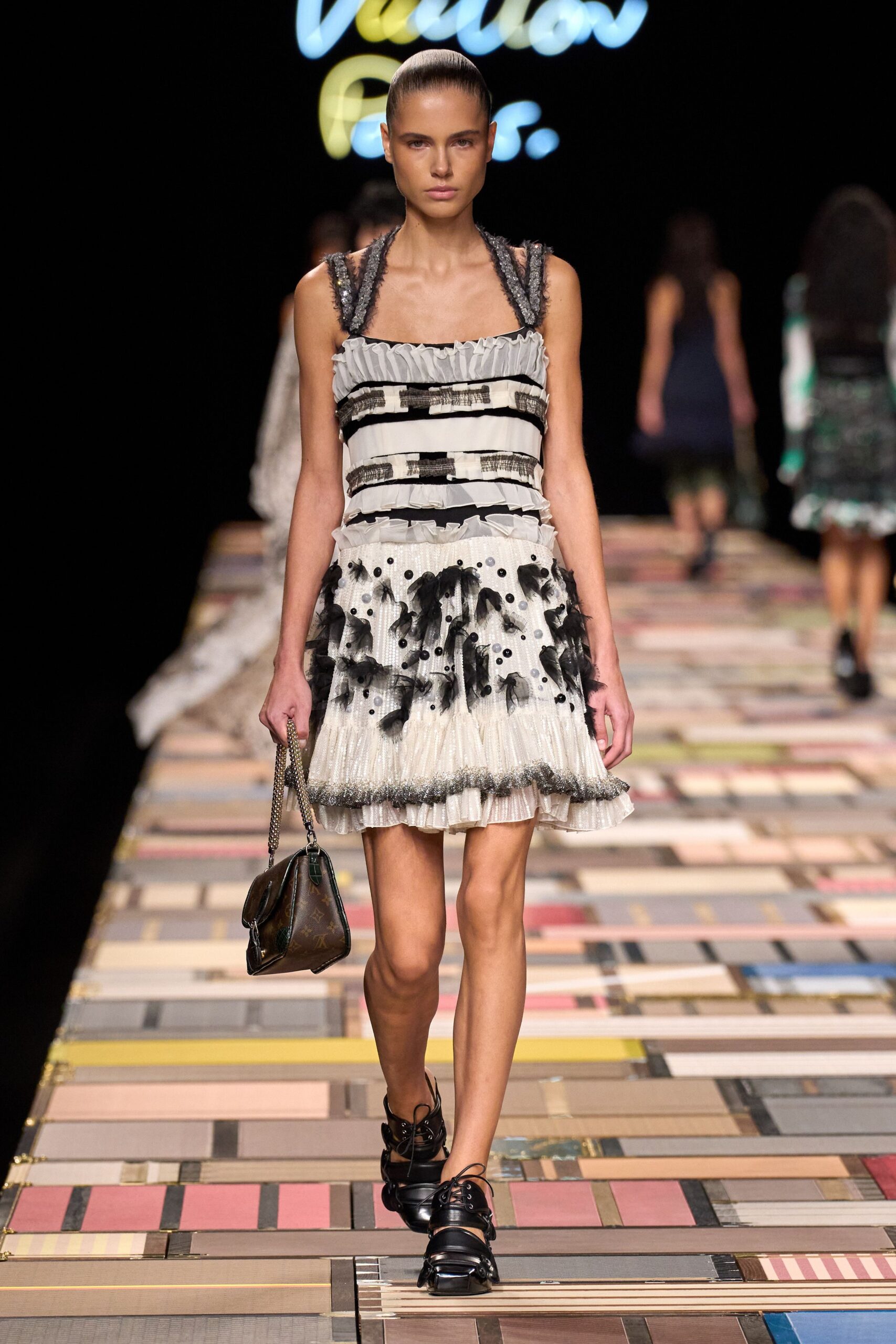 black silk sleeveless square-neck fitted pleated printed dress