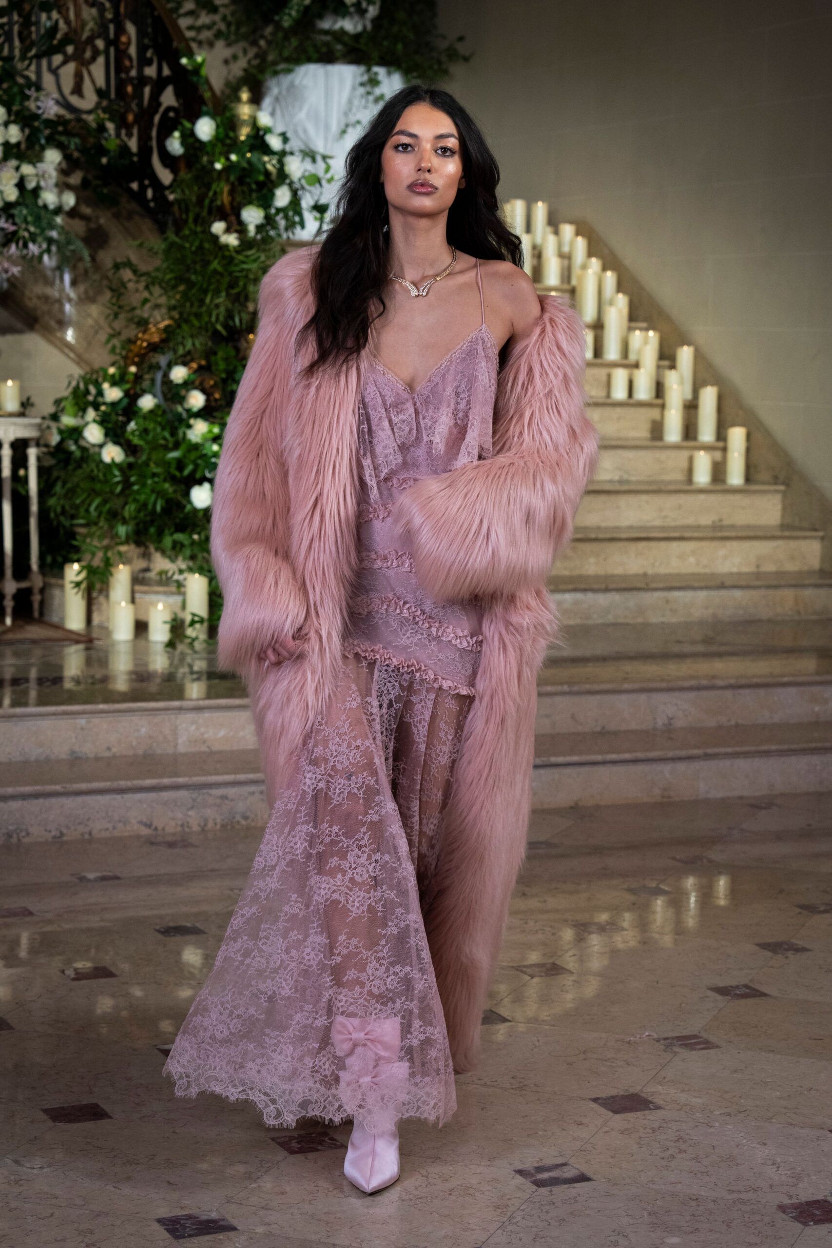 pink faux-fur long-sleeve oversized coat