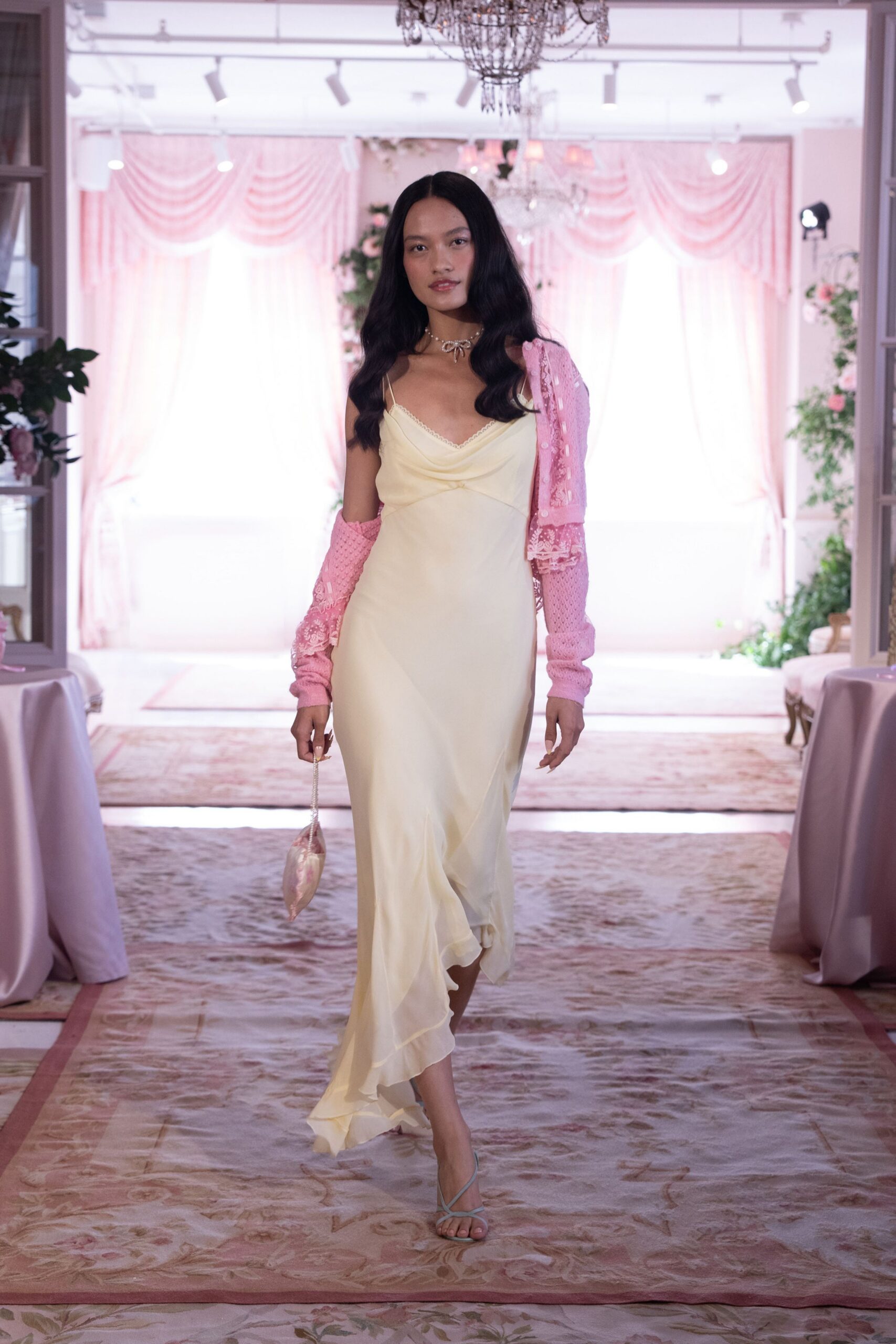 pink silk long-sleeve fitted ruffled jacket