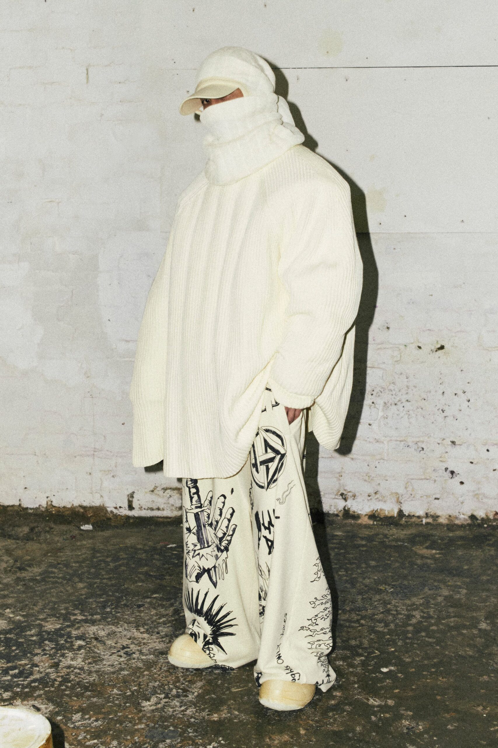 oversized white sweater with printed pants