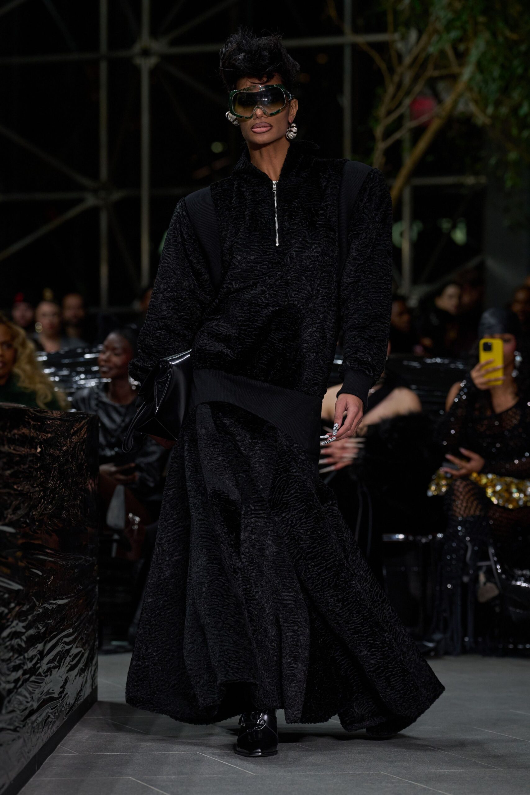 black cotton long-sleeve high-neck relaxed layered textured dress