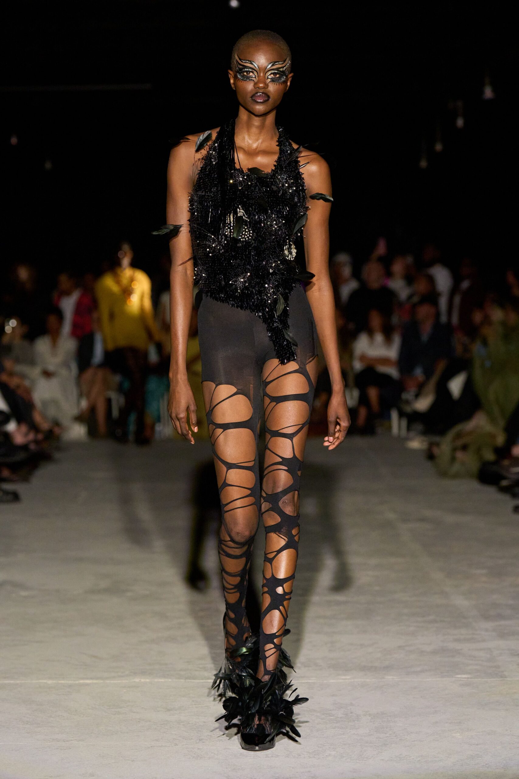 black silk sleeveless high-neck fitted fringed bodysuit