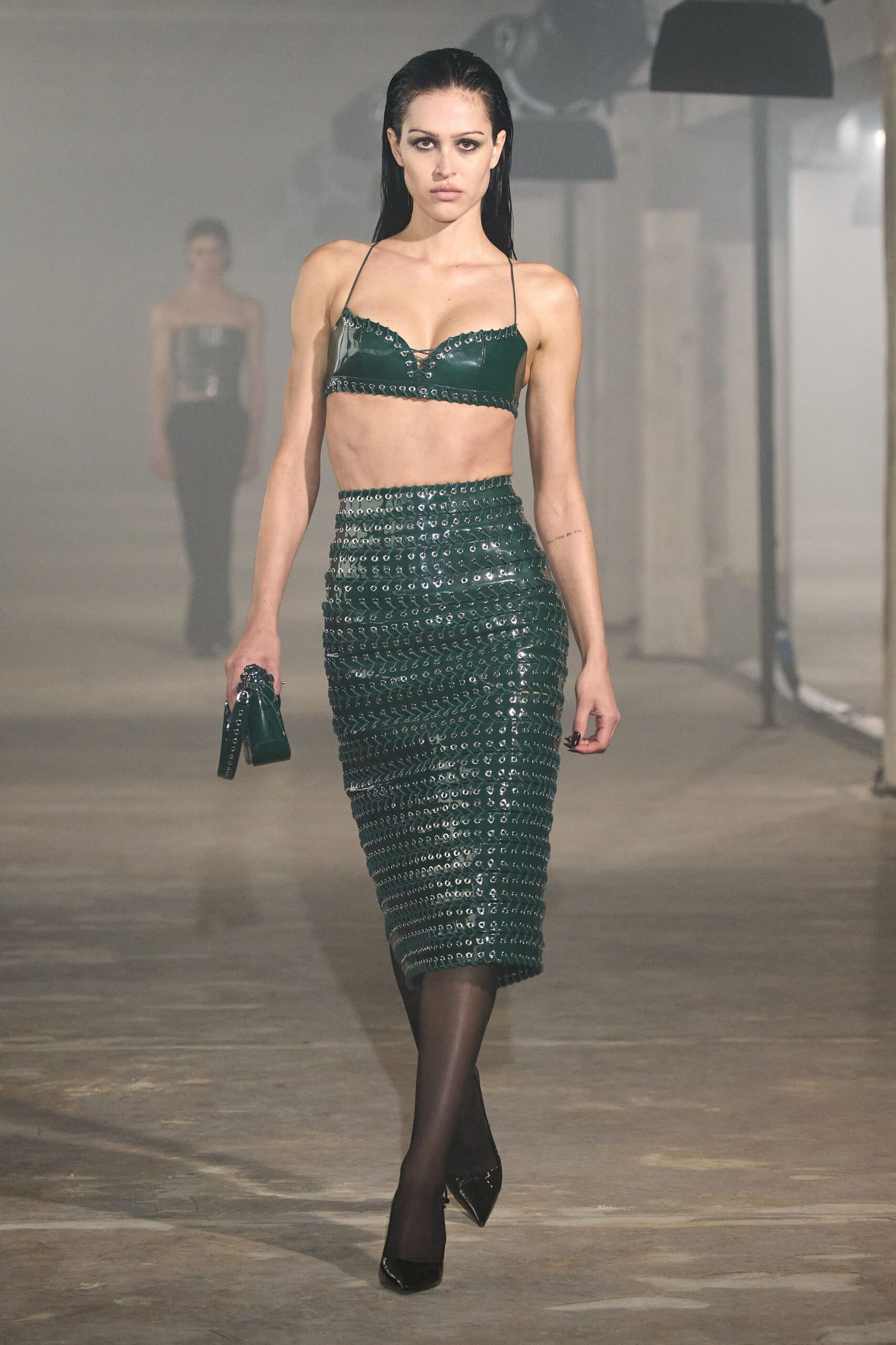 green vinyl sleeveless halter fitted zippered crop-top