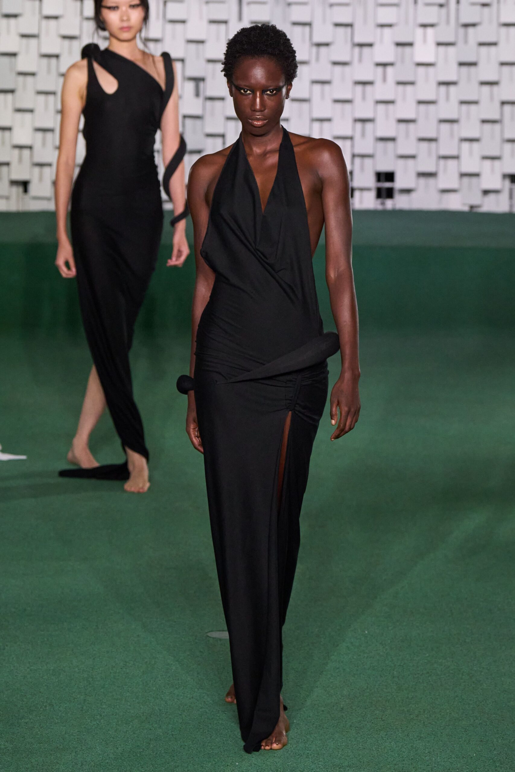 black silk sleeveless v-neck fitted maxi gown