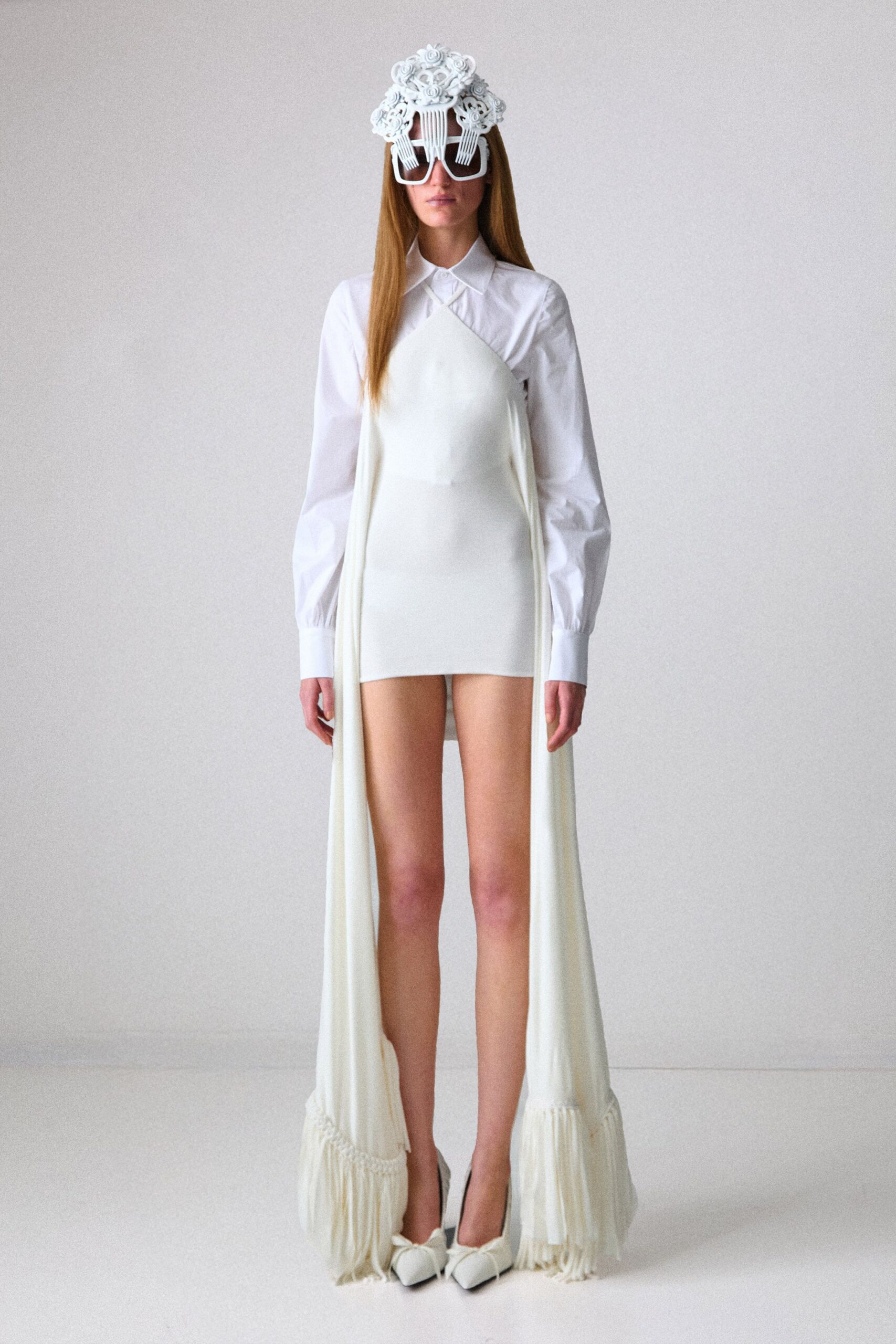 white cotton long-sleeve collared fitted pleated fringed dress