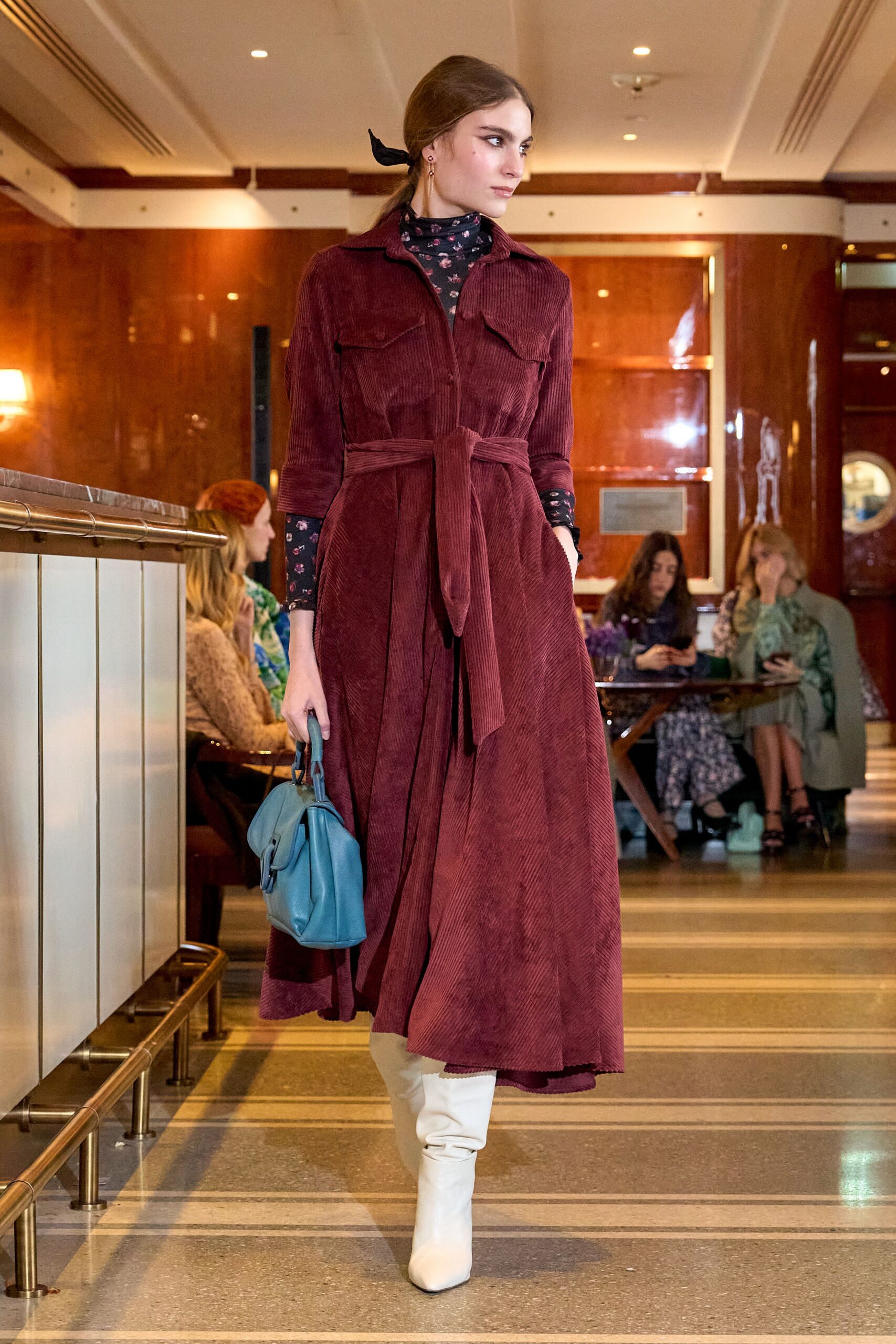 maroon cotton long-sleeve collared fitted belted pleated dress