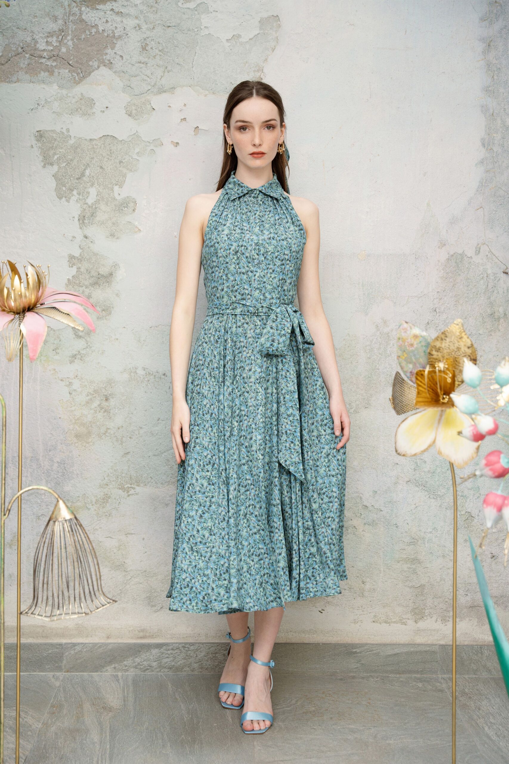 blue cotton sleeveless collared fitted floral tiered dress