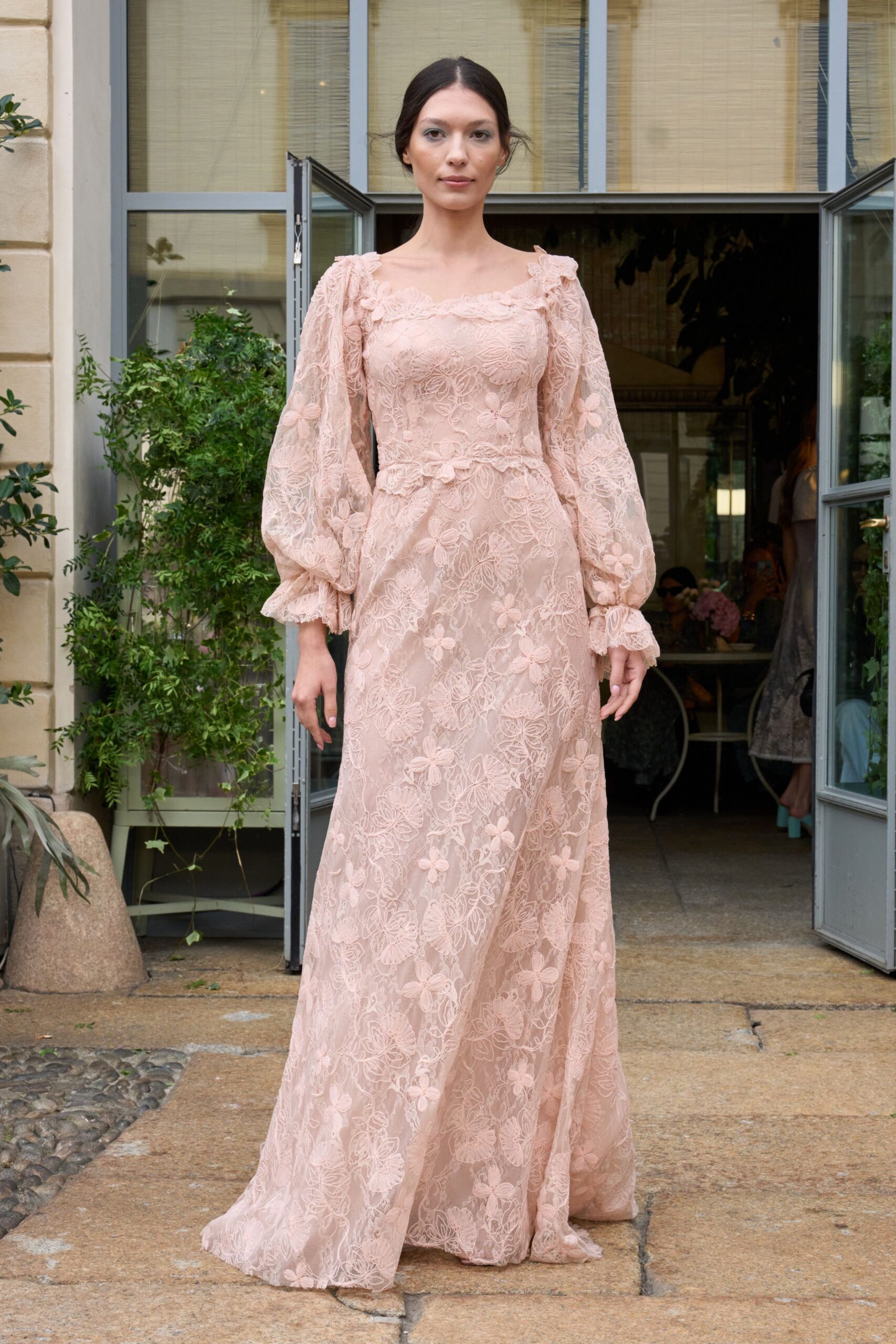 pink lace long-sleeve gown