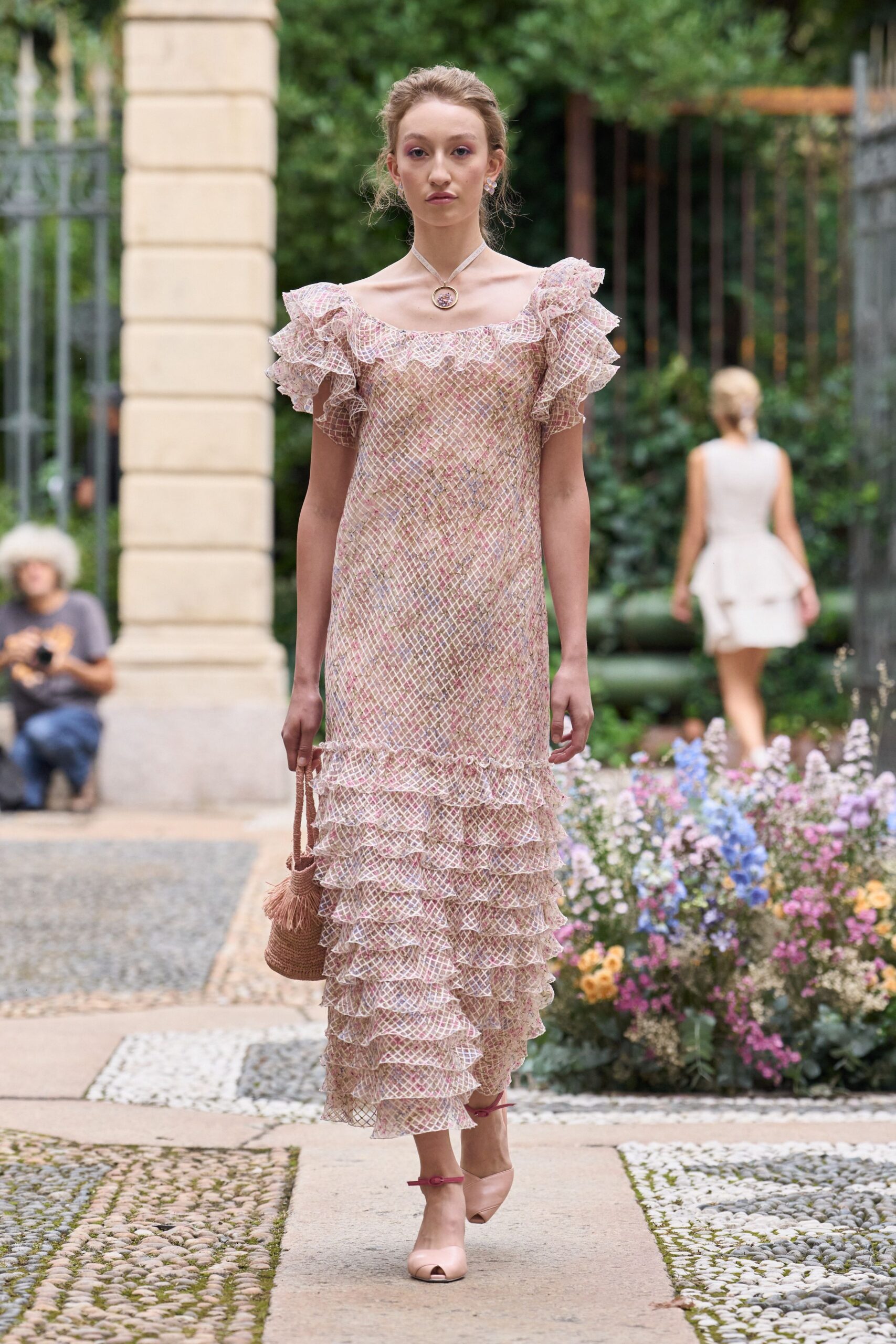 pink cotton sleeveless off-shoulder fitted ruffled tiered dress